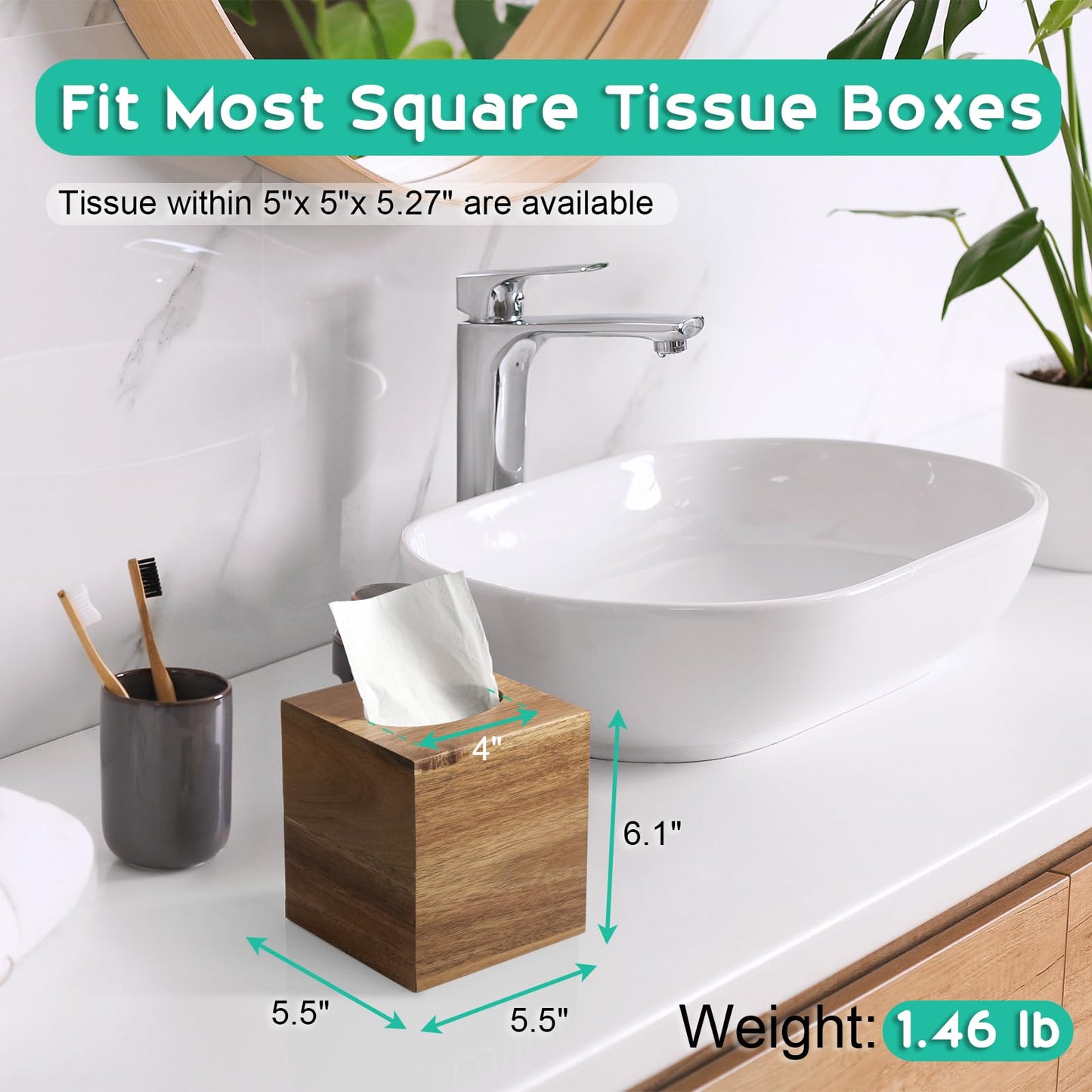 ALELION Tissue Box Cover Square - Acacia Wood Tissue Box Holder for Tabletop Night Stands Bathroom Office - Decorative Facial Cube Tissue Box Cover for Modern Farmhouse Decor