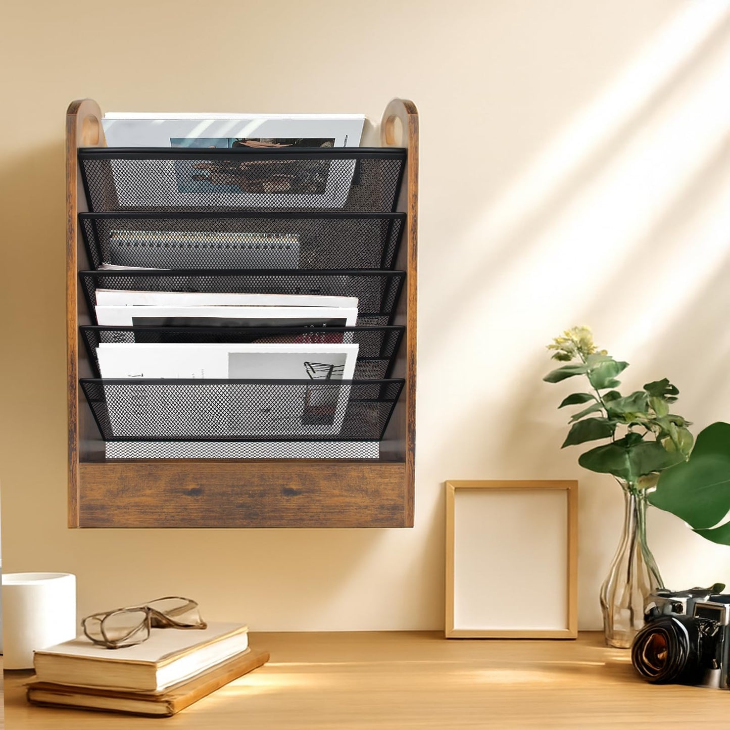 EHWINE Wall File Organizer, 6 Tier Hanging Wall File Organizer with Bottom Tray, Mail Organizer Wall Mount, Wooden Desk Organizer for Office or Home