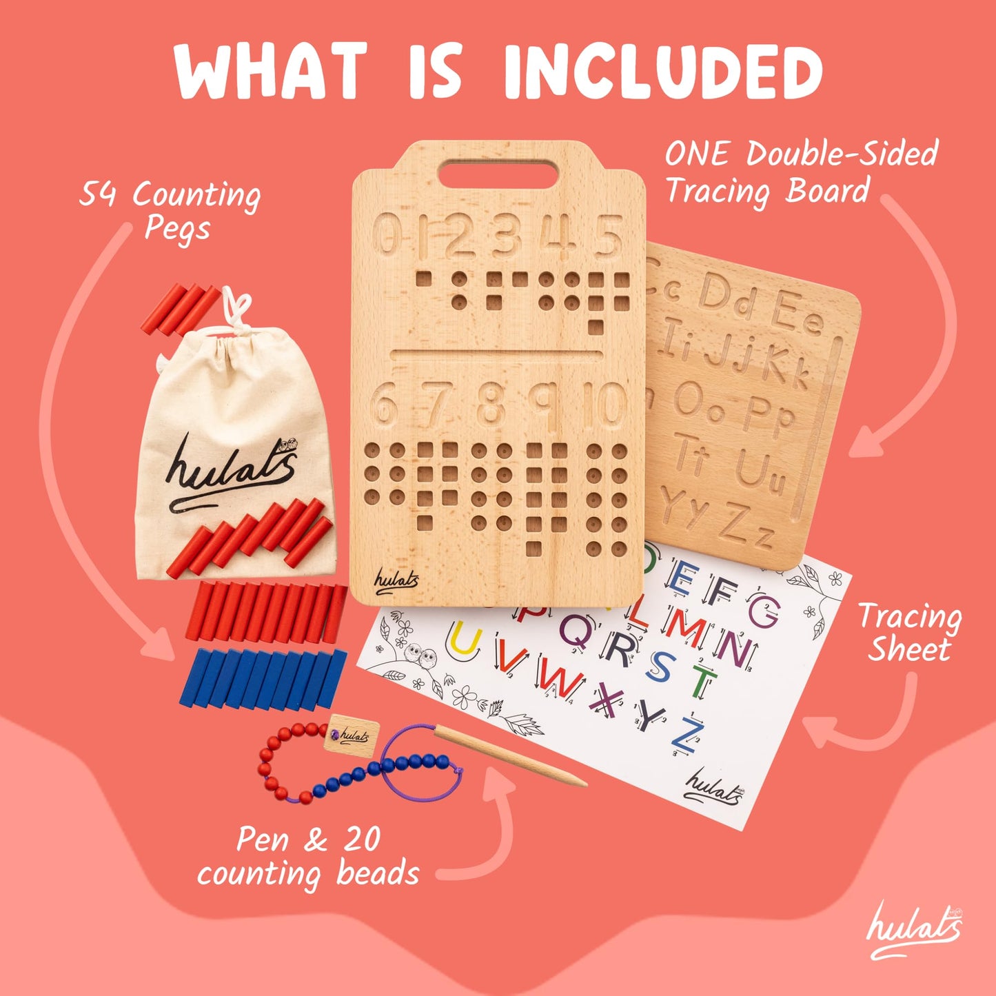 Hulats Montessori Counting Peg Board - Number & Letter Tracing Board - Wooden Montessori Alphabet & Counting Toys Toddlers 3+ Years Old - Alphabet Learning + Education Home Schooling Materials Pre-K