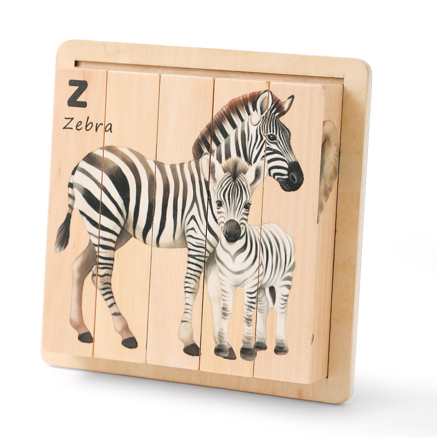 IEATFO 4 in 1 Wooden Animal Chunky Puzzle, 5 Solid Wood Puzzle Blocks with 4 Sides Realistic Safari Animals, Wooden Block Puzzle with Durable Base for Toddlers 3+ Years - Montessori Inspired