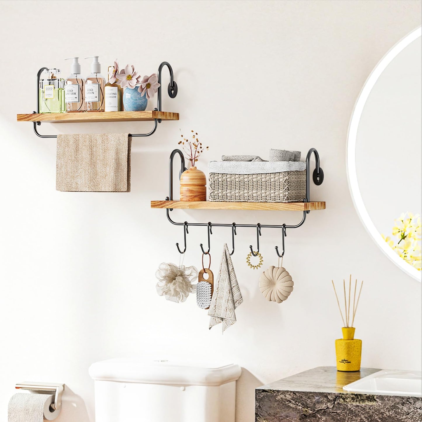 Olakee Floating Wall Shelves for Kitchen Bathroom Coffee Nook with 10 Adjustable Hooks for Coffee Mugs, Coffee Bar Organizer and Decor, Rustic Storage Shelves Set of 2