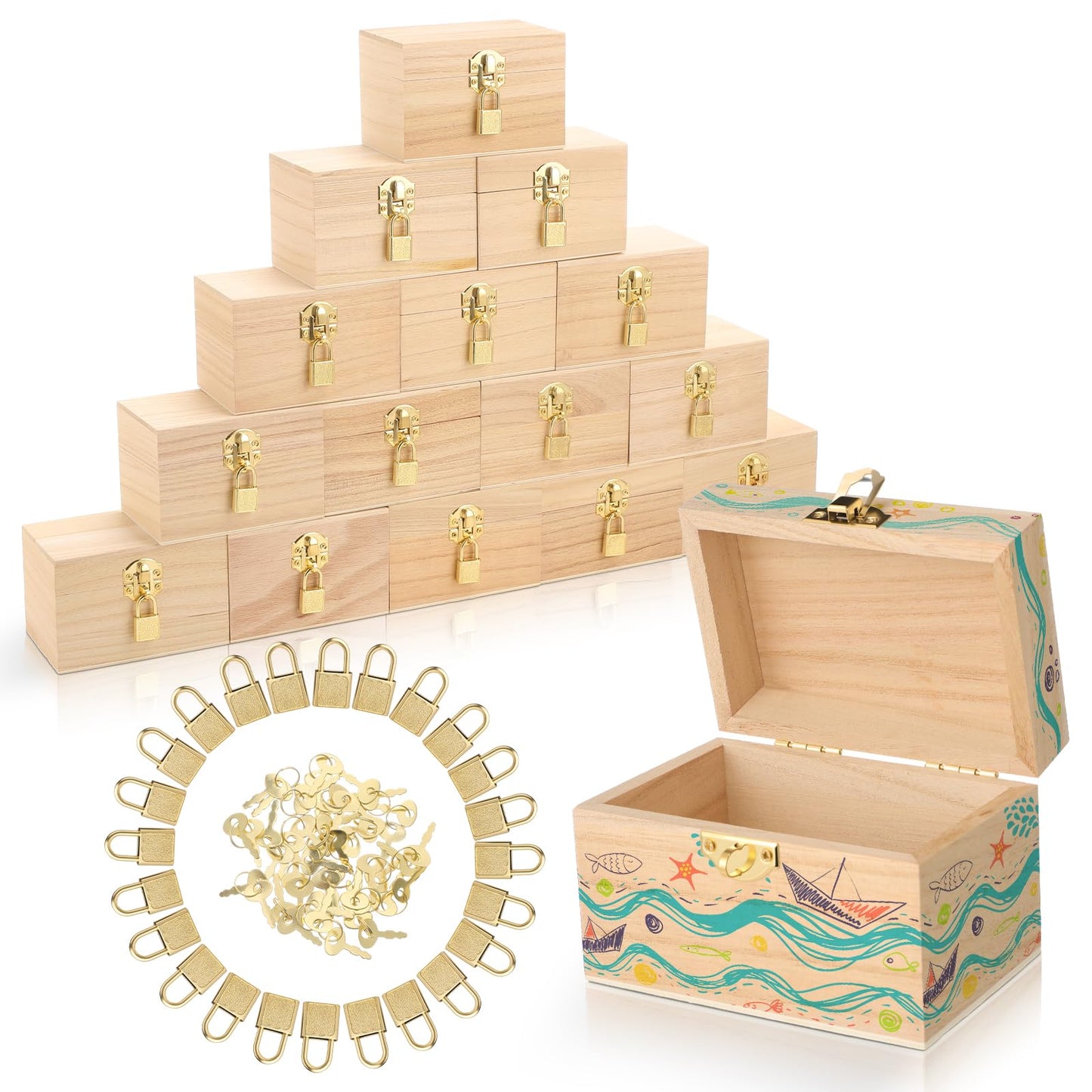 CroBlissful 36 Set 72 Pcs Unfinished Wooden Box with Hinged Lids and Mini Padlock Locks with Keys Unfinished Wood Treasure Chest Box for Craft Gift Jewelry Desktop Storage (Classic)