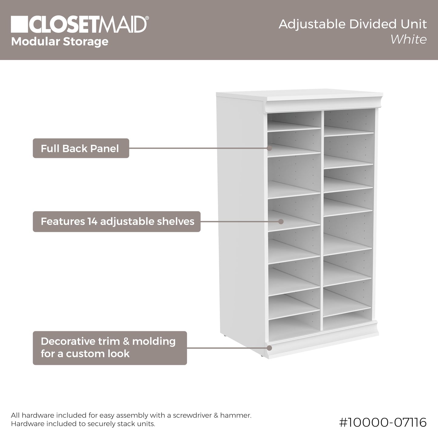 ClosetMaid Modular Adjustable Divided Storage Shelving Unit Organizer, 15.94-Inch D x 40.3-Inch H x 21.38-Inch W, White