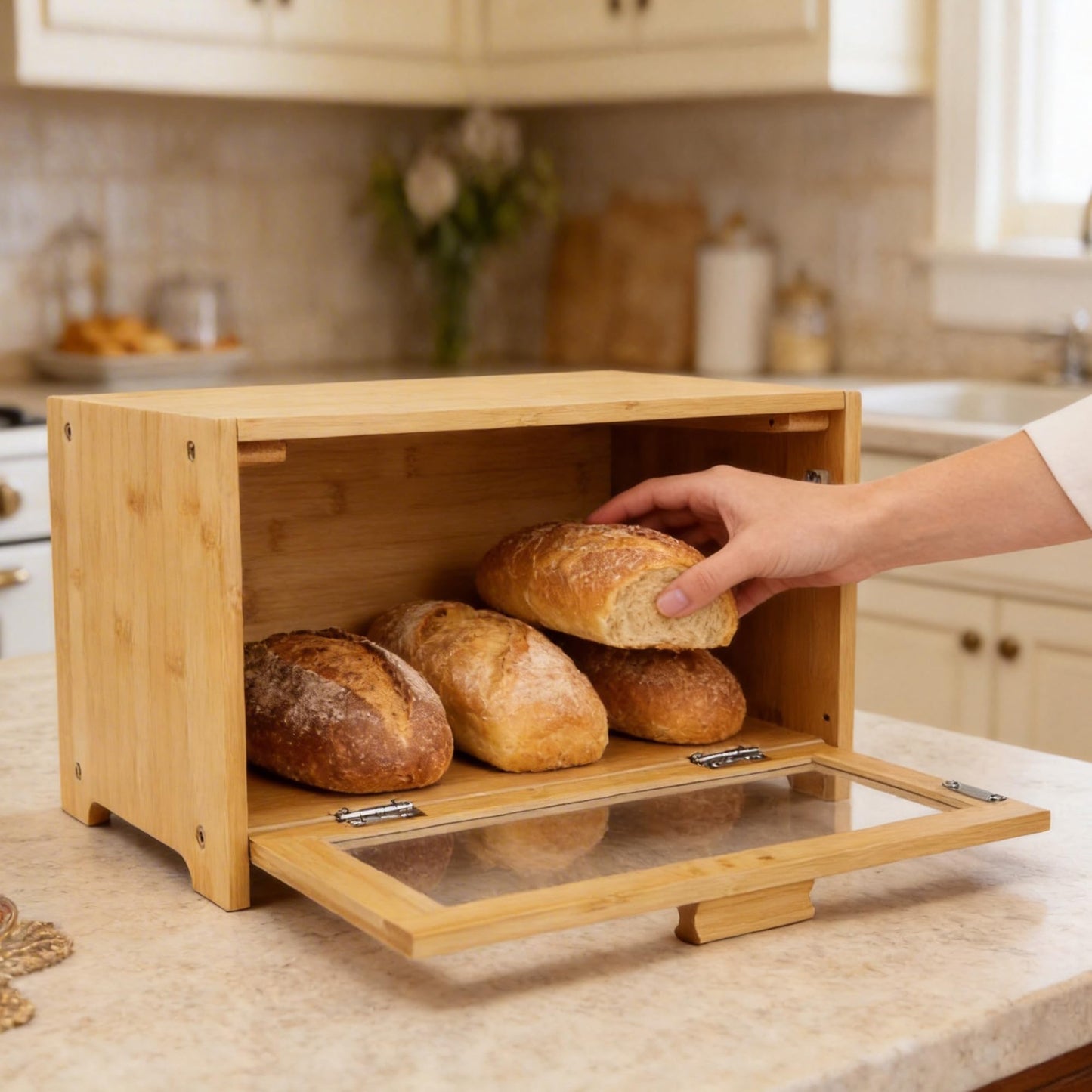 EQEY Bamboo Bread Box for Kitchen Countertop,Large Bread Storage Container with window,Modern Bread Storage Bin for Homemade Bread Organizer (Single Layer)
