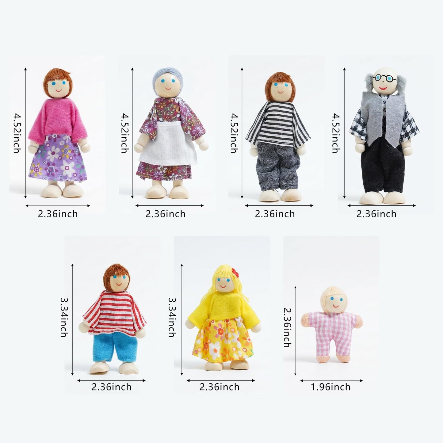 Sing2sky 7PCS Wooden Dollhouse Dolls for Playing House Gifts for Children, Wood, Articulated Pretend Play Figures, Smooth Splinter-Free Wood, Montessori Family Set - 4.5In (Classic)