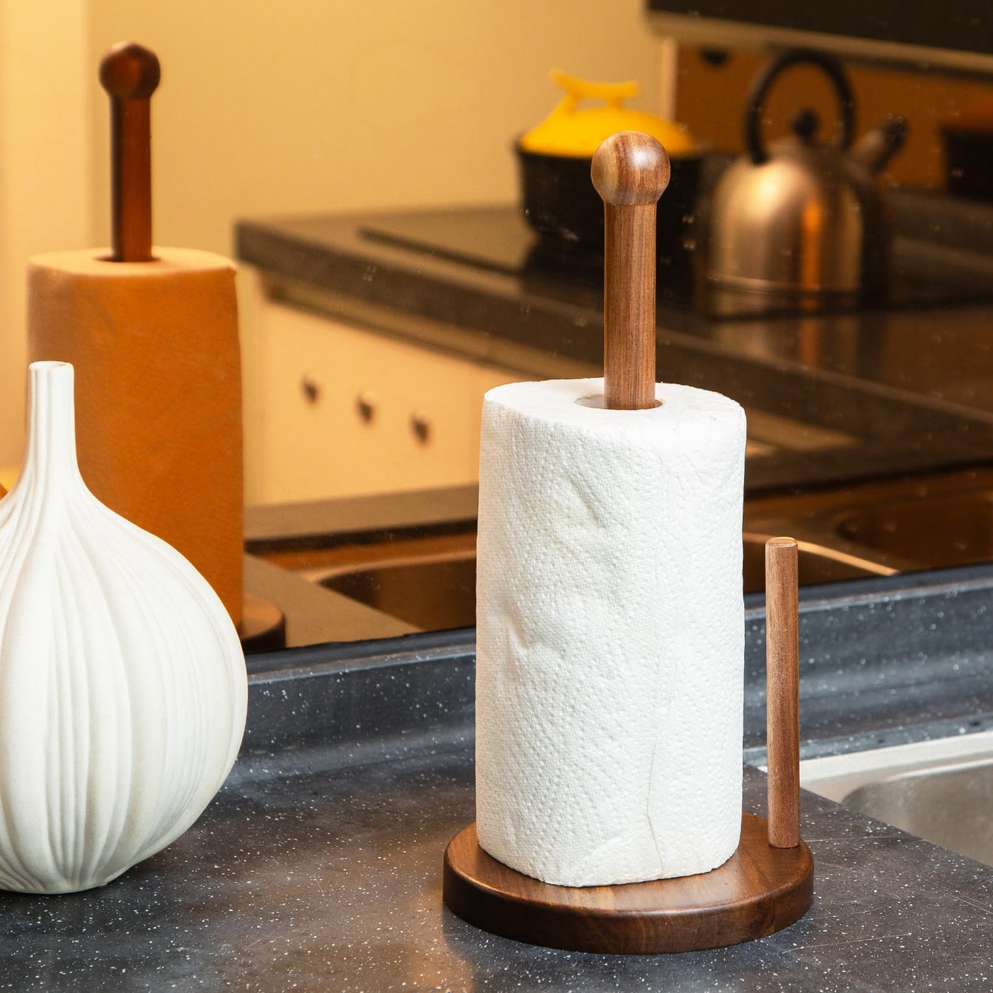 14" Acacia Wooden Paper Towel Holder, 6.7" Large Heavy Base Wooden Kitchen Towel Roll Stand Organizer Free Standing, Rustic Farmhouse Paper Towel Holder Stand, Standing Paper Towel Roll Holders