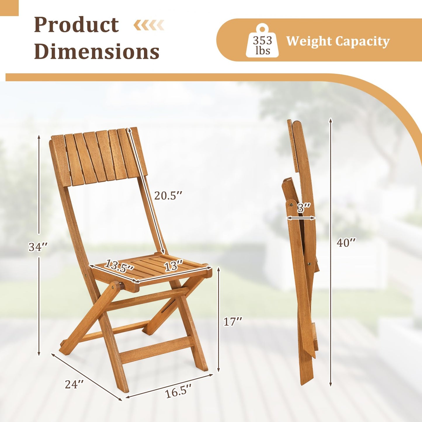 Tangkula Wood Foldable Patio Chairs Set of 2, Portable No Assembly Outdoor Bistro Chairs with Slatted High Backrest & Seat, Space-Saving Patio Seating for Porch, Garden, Backyard, Poolside & Lawn