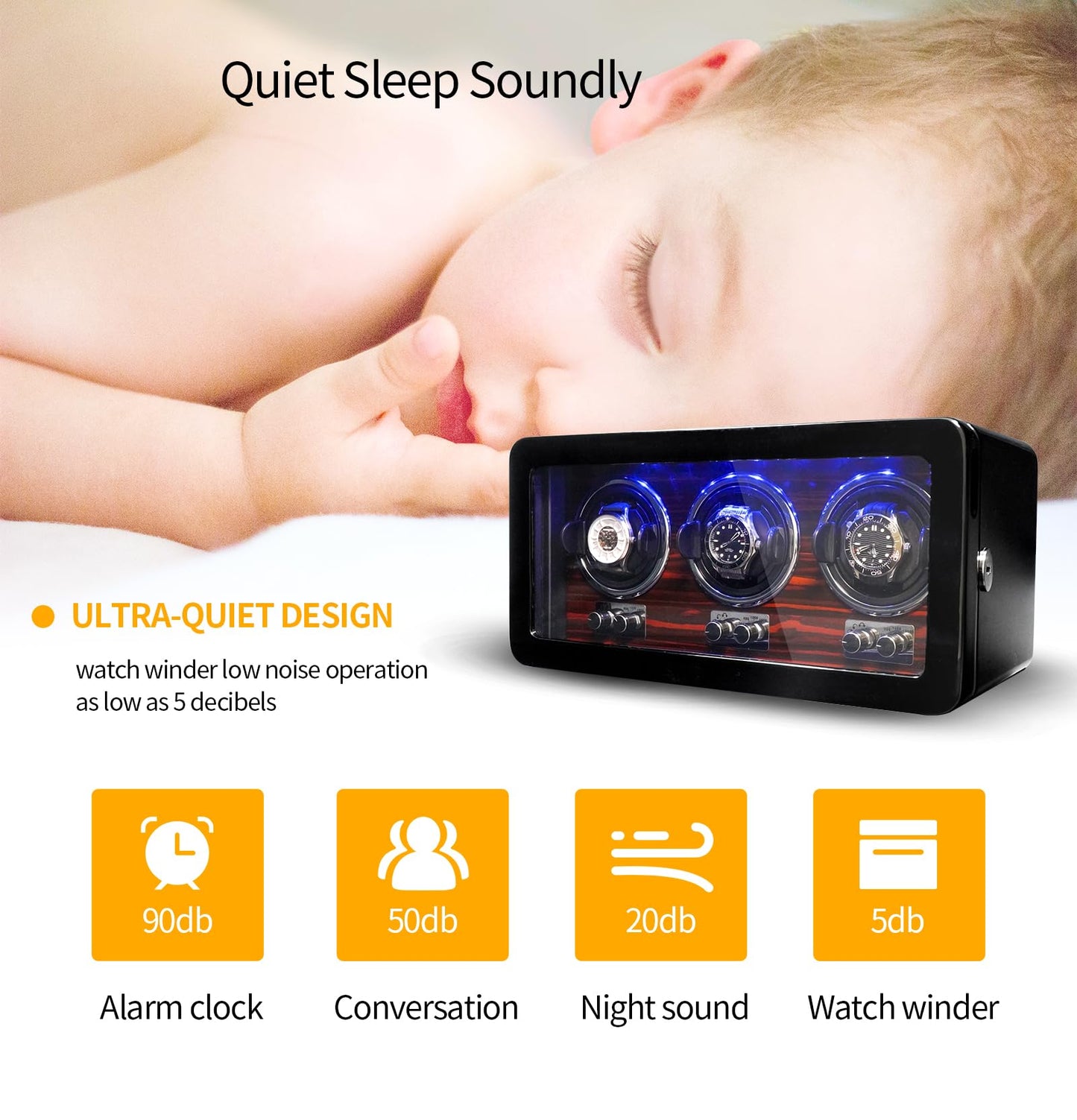 Oryx 3 Watch Winders for Automatic Watches Wooden Rotating Watch Box 15 Rotation Modes Setting Display Case with LED Light, AC or USB Powered Super Quiet Mabuchi Motor