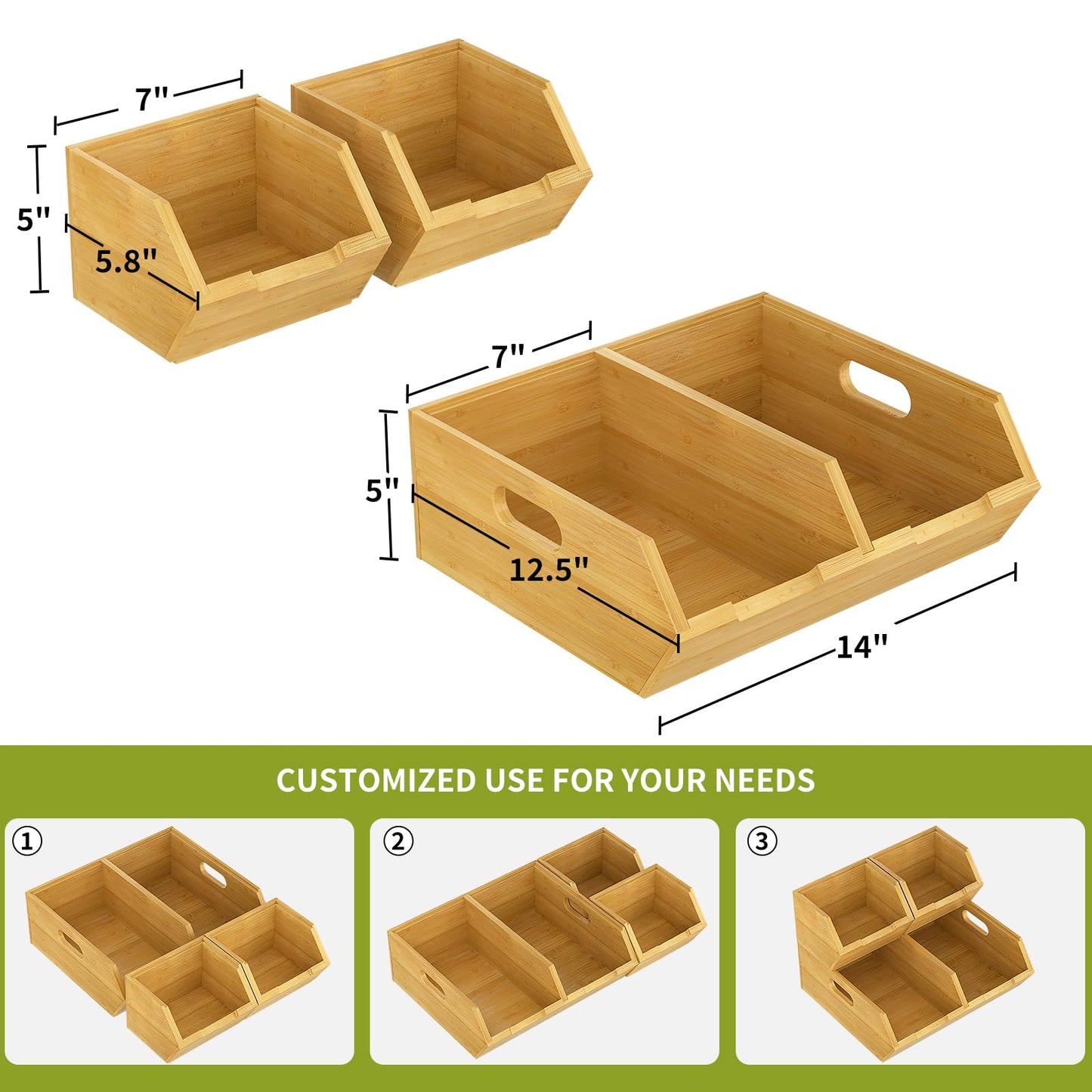 Bambition Bamboo Pantry Storage Bins, Stackable Potato and Onion Storage Bin for Kitchen Countertop, Wood Pantry Organizer Baskets for Fruit Vegetable Snack