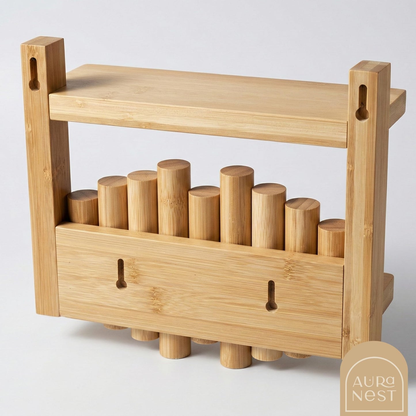 AURA NEST Bamboo Wall Mounted Coat Rack with Shelf Flip Down Wooden Hooks for Entryway Hallway Bedroom | Natural Piano Hanger, 3 Hooks, Space Saving Organizer