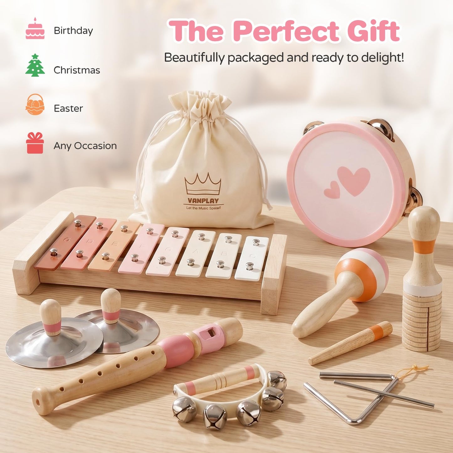 Vanplay Musical Toys for 2 Year Old Girls Birthday Gifts, Montessori Toys for 2 3 Year Old, 8 in 1 Wooden Musical Instruments with Xylophone/ Tambourine/Maracas for Toddler 2-4