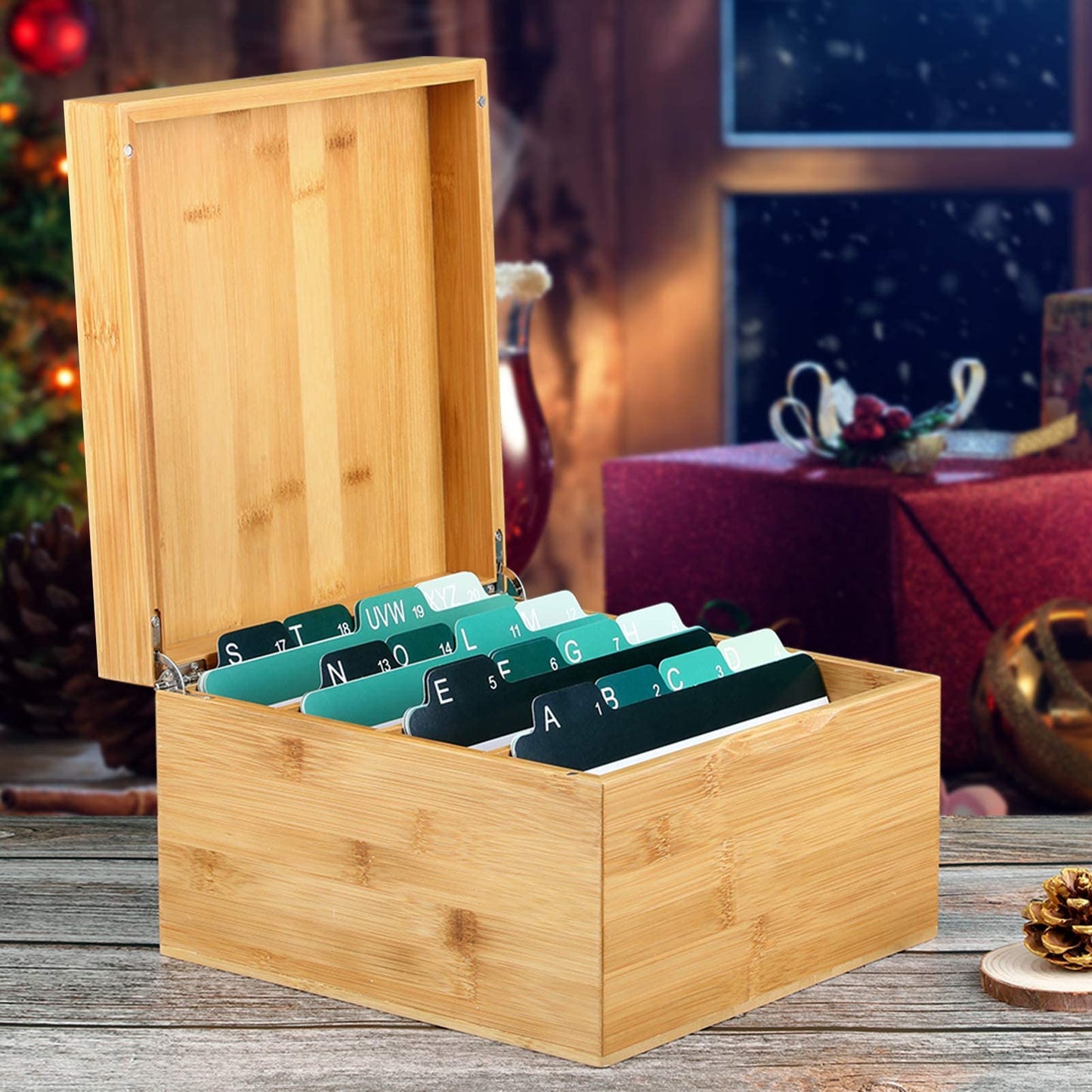 MaxGear Index Card Holder, 5 x 8 Inch Wooden Business Card Organizer for Desk with 3 Dividers, Bamboo Index Cards Box with A-Z Tabs Holds 600 Cards for Recipe Flash Storage