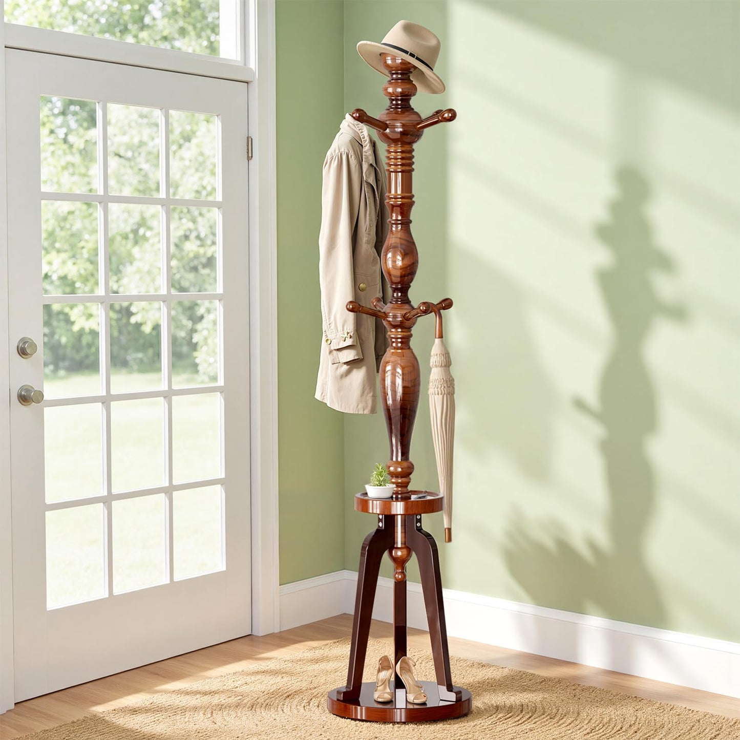 Coat Rack Freestanding with 8 Hooks & Storage Shelf, Wooden Hall Tree Coat Hanger Stand, Heavy Duty Entryway Organizer with 220 LB Load Capacity, Sturdy Wood Coat Tree for Entryway Hallway Office Home