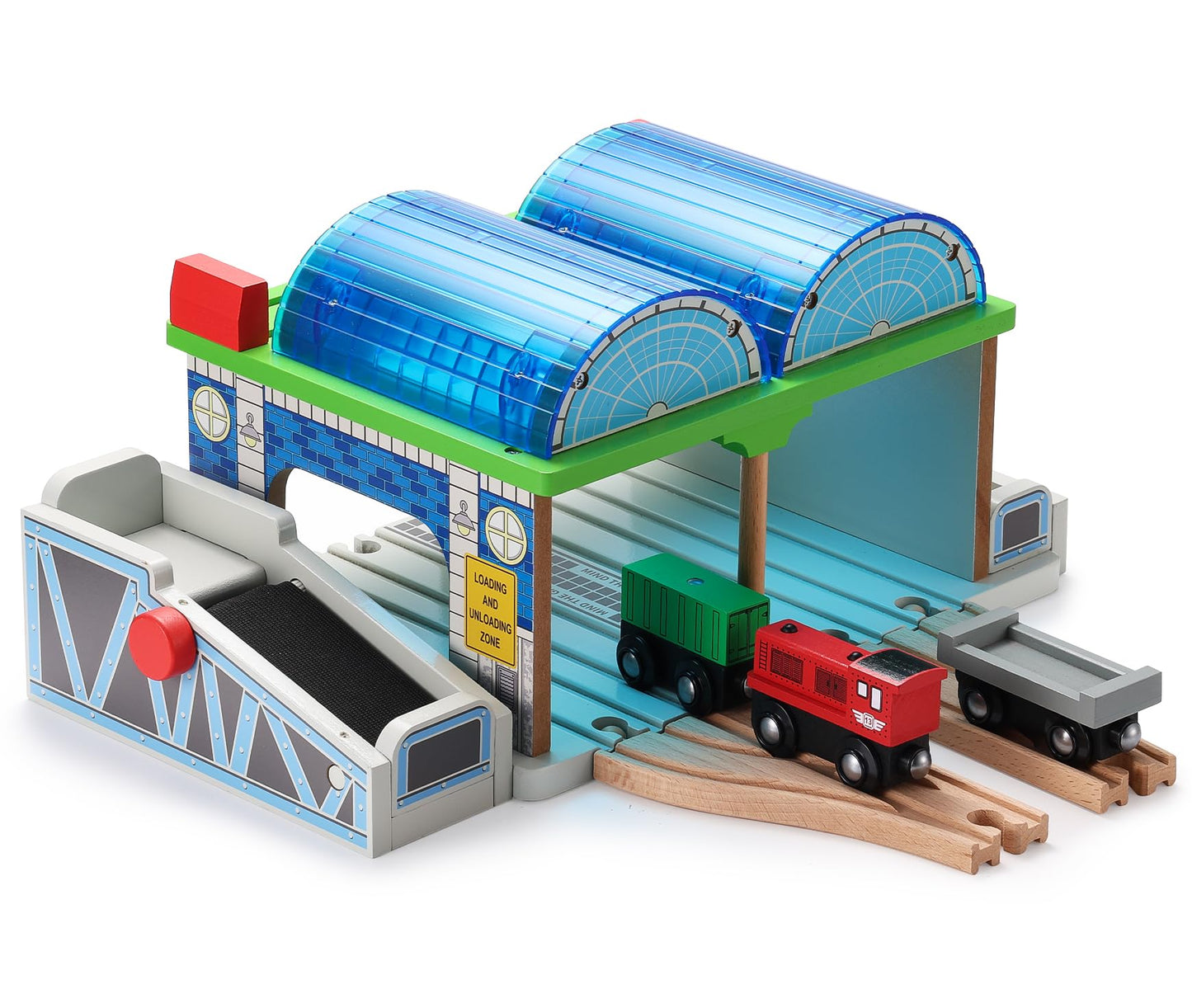 SainSmart Jr. Wooden Train Track Accessories - Premium Train Station with Double-Track Tracks and Conveyor Belt Fit for All Major Brands, Ideal Gift for Aged 3+