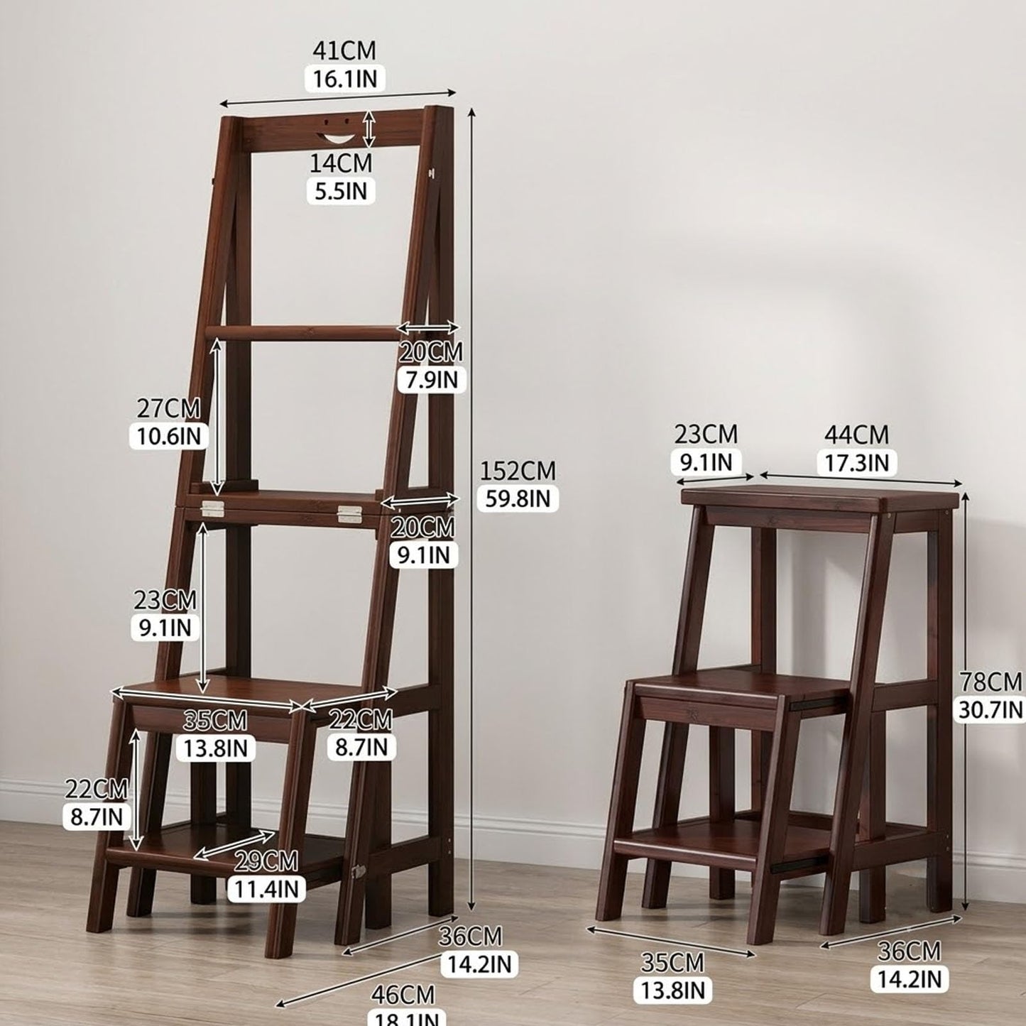 RASJCGRCOA Ladder Chair, Step Stool, Folding Library Shelf, 2 in 1 Convertible Solid Wood Ladder, Multi-Functional Portable Household Stair for Kitchen Living Room