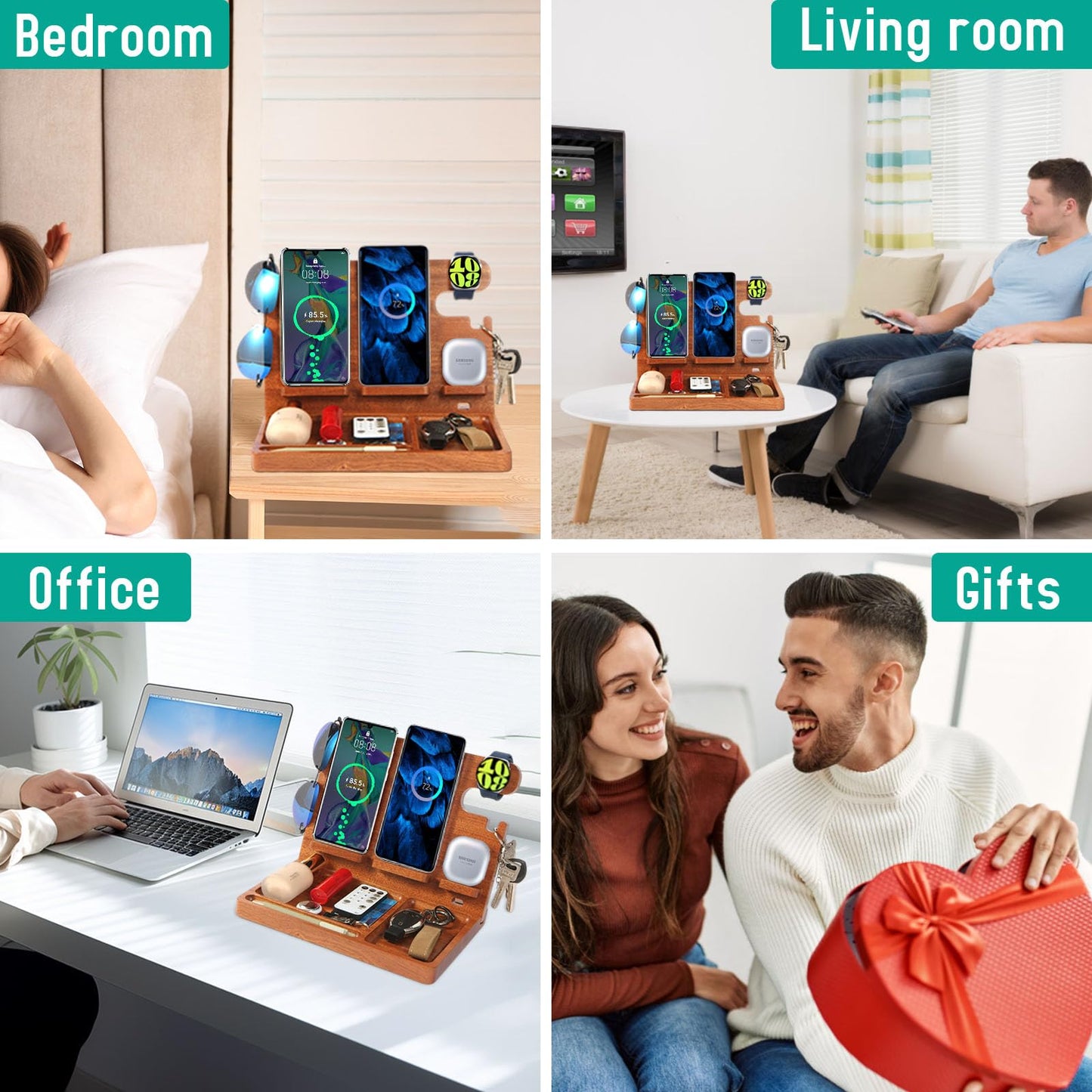 Desk Organizer with 4 Wireless Charging Station for Samsung Devices,27W Dual Wireless Charger Fast Charging for 2 Phones,Galaxy Watch 7/6/5/4/3/2,TWS Box,Wood Phone Docking Station,Gifts for Men Dad