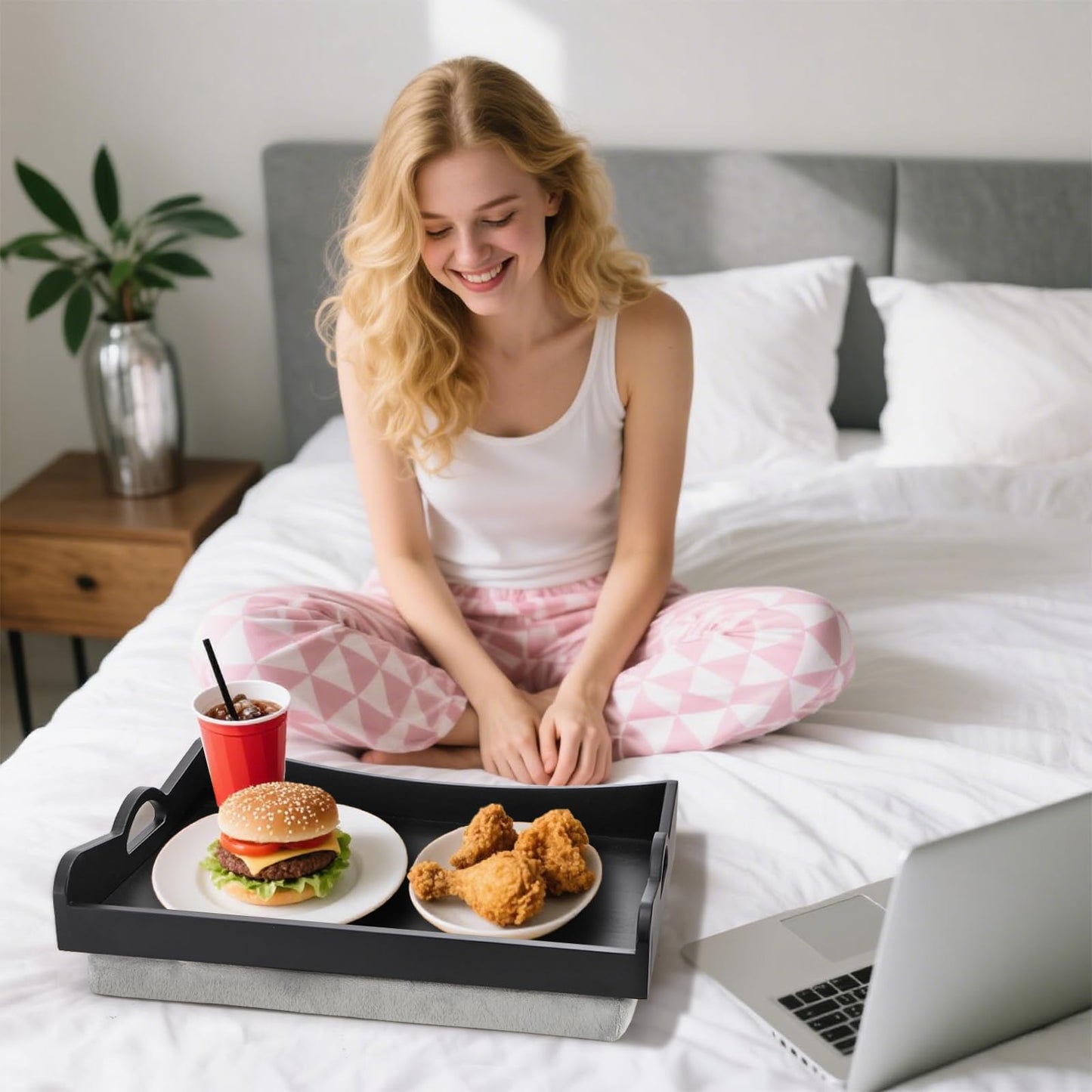 ELFULLY Lap Tray with Detachable Cushion, 16" x 12.5" Bamboo TV Bed Trays Table, Serving Tray with Handle for Adults Elderly Eating Food Breakfast Dinner in Recliner Couch Car