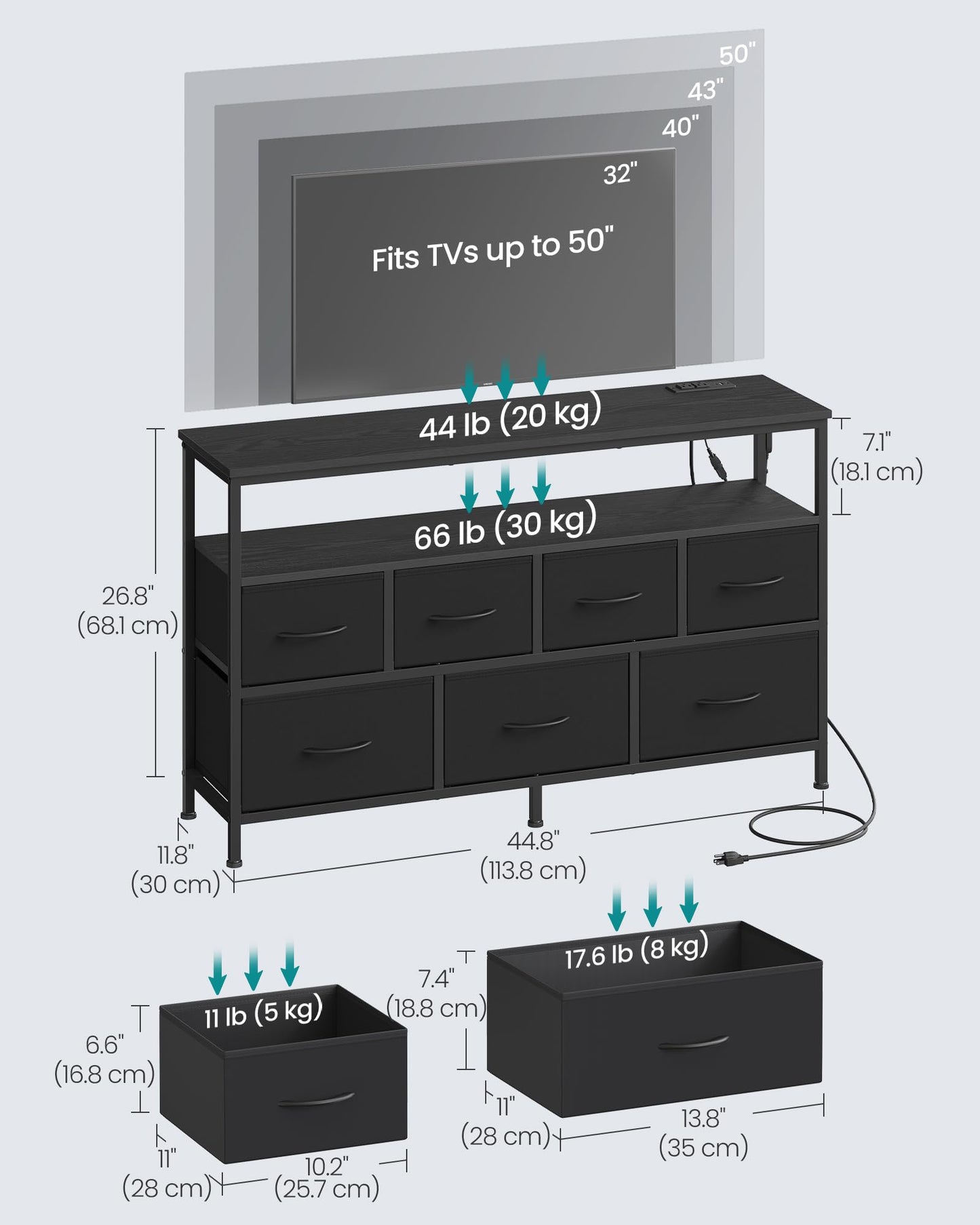 SONGMICS BELLAH Collection - Dresser for Bedroom with App-Controlled LED Lights and Charging Station, Chest of Drawers, TV Stand, 7 Drawers, Shelf, Modern, Ink Black ULGS733BH02S