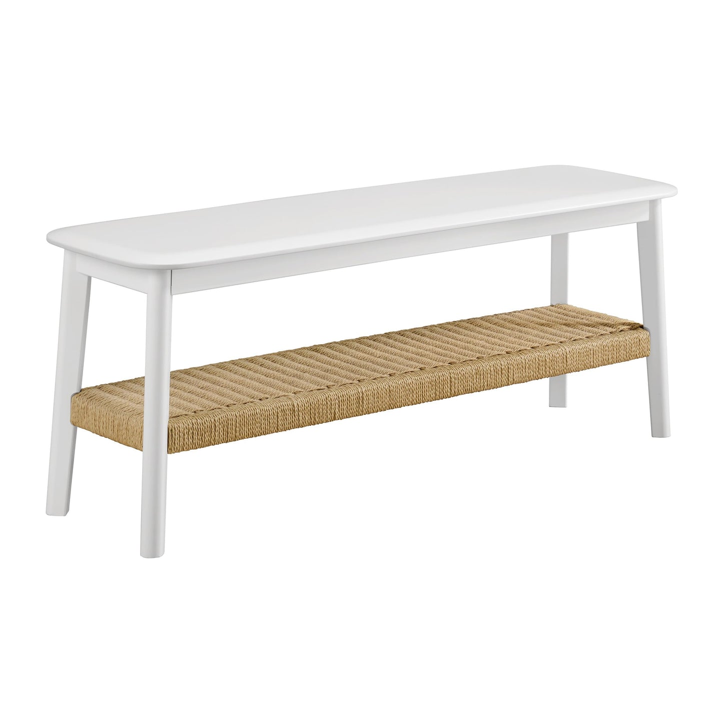 Alaterre Furniture Calais 48 Inch Solid Wood Entryway Bench with Woven Storage Shelf – Mid Century Modern 2-Tier Shoe Bench for Living Room, Hallway or Foyer (White)