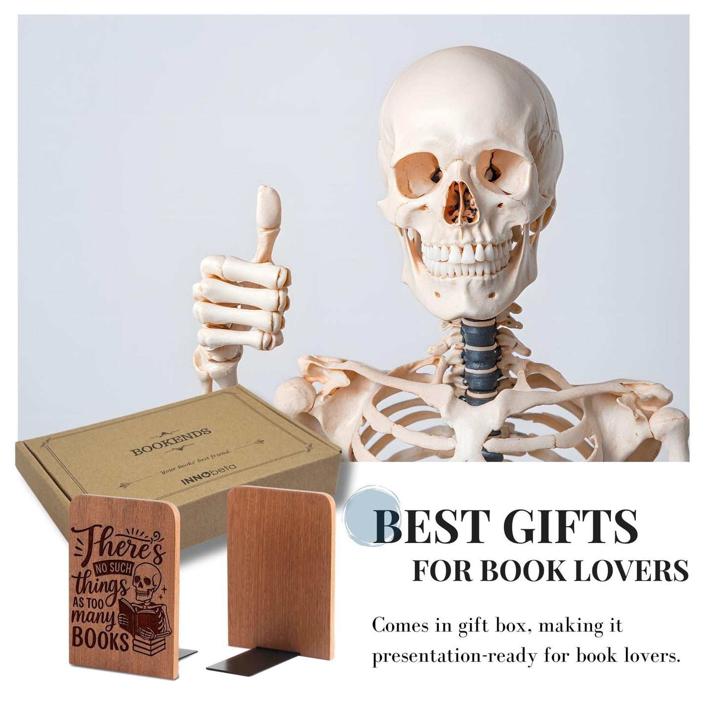 Book Lover Gifts for Women Men, Skull Bookends, Novelty Bookends Unique, Heavy Duty Wooden Book Ends for Shelves Decorative(1 Pair, 4.72x6.69 Inches) - NoSuch