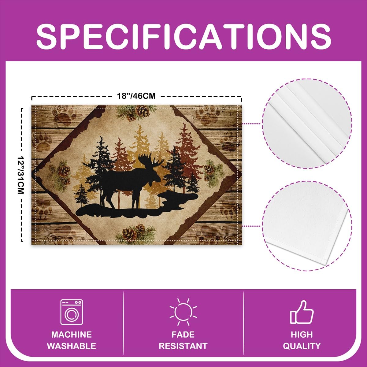 Moose Cabin Place Mats Retro Brown Wooden Stripes Farmhouse Table Mats for Kids Teens Adults Pine Cones Trees Wild Animal Paw Print Kitchen Mats for Dining Table 12x18 Inch Set of 4