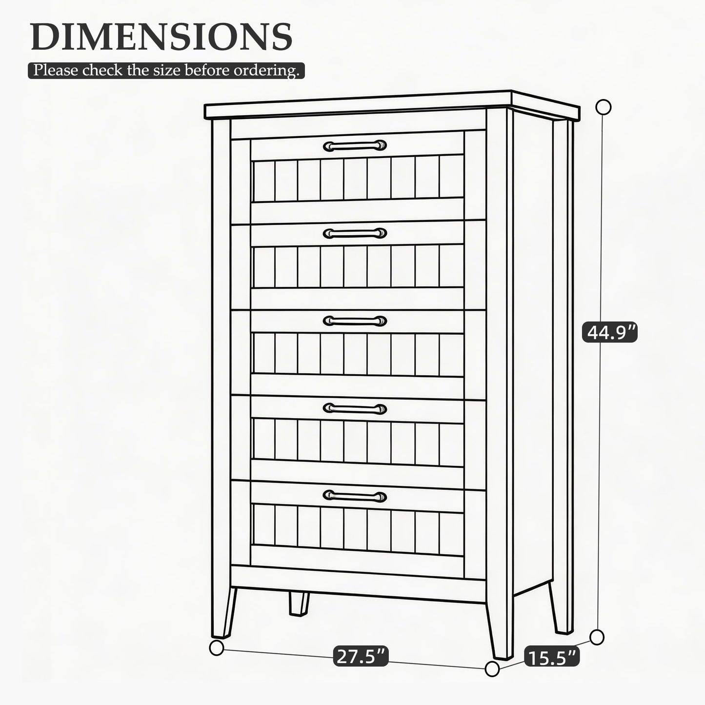 GarveeHome Farmhouse Tall 5 Drawer Dresser with Charging Station & LED Lights, Slim Wooden Bedroom Dresser, Rustic Chest of Drawers Clothes Storage Organizer for Closet Dorm Apartments, Black