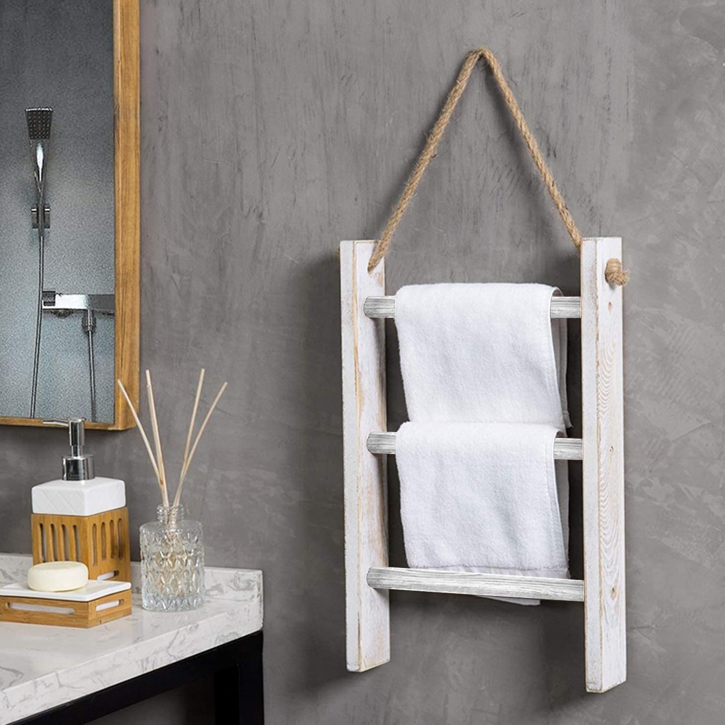 Wooden Old Three-Layer Shelf Bathroom Bathroom Towel Scarf Storage Rack Wall-Mounted Hemp Rope Trapezoidal Hanger Decorative Rack, for Rustic Bathrooms(C)