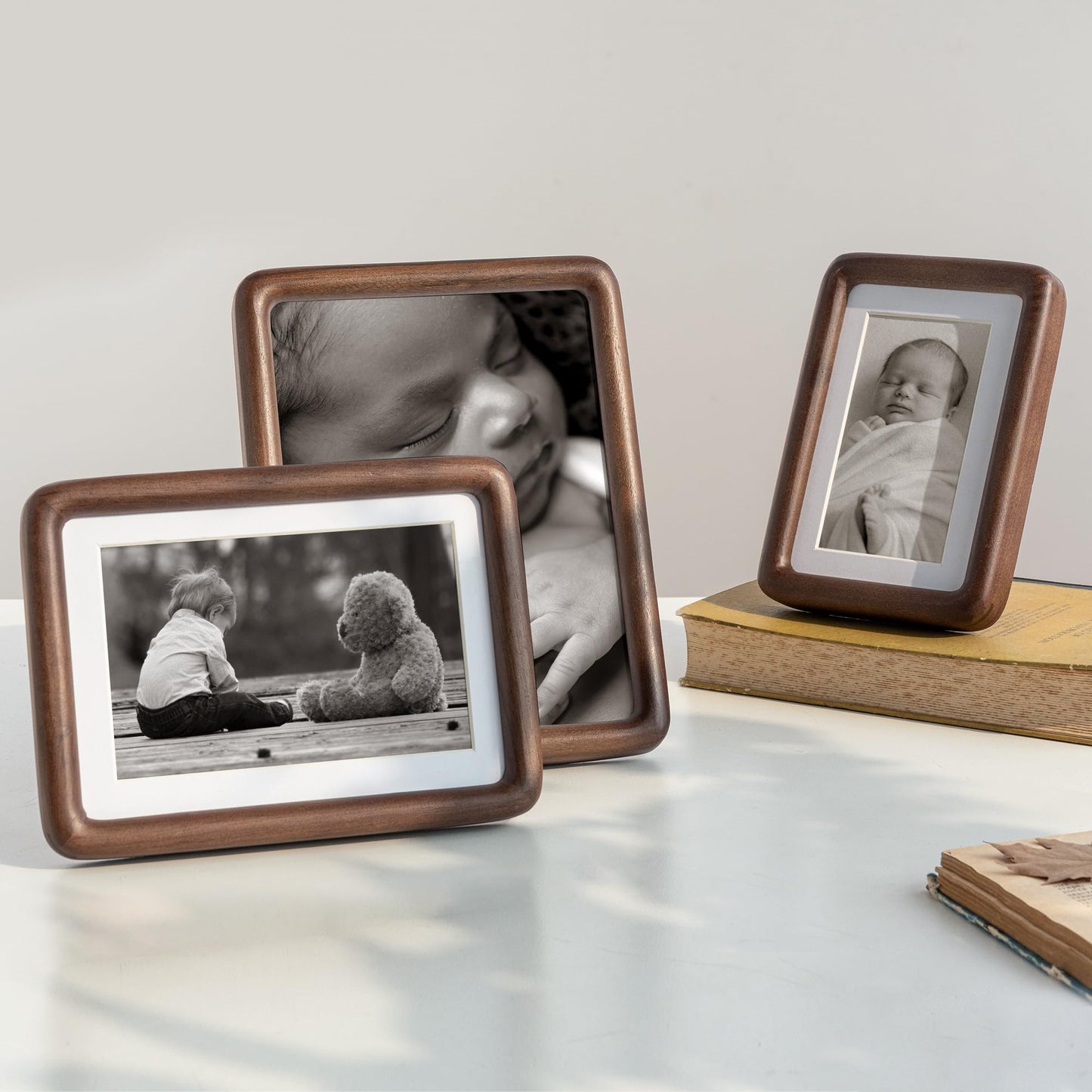 FLYJOE 8x10 Picture Frame Set of 2, Natural Solid Walnut Wood Photo Frame with Tempered Glass, Handcrafted Rounded Corner 8 x 10 Wooden Frame Matted to 5x7 Photo, Wall or Tabletop Display