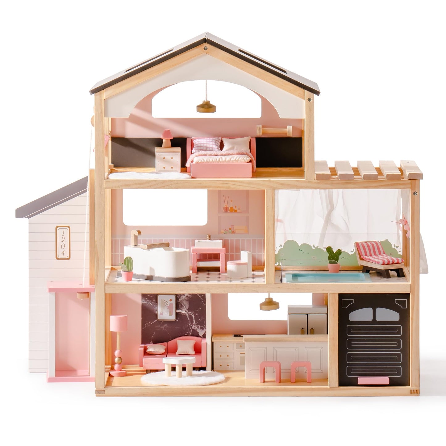 ROBOTIME Wooden Dollhouse, Doll House with 29 Pieces Furniture Set - Pool and Elevator, Wooden Doll House for 4, 5, 6-Inch Dolls, 6 Rooms Pink Dollhouse Gift for Kids Girls Ages 3+ (Black)