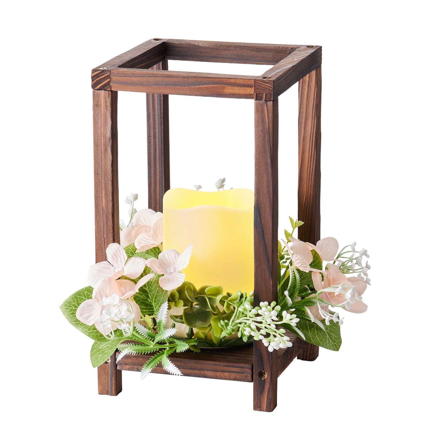 VEVOR 20 Set/60 Pcs Wooden Wedding Lantern Centerpiece, Includes 20 Wooden Lantern Candle Holder 20 Flameless LED Candle 20 Champagne Flower Wreath for Wedding Table Party Farmhouse Decor, Brown