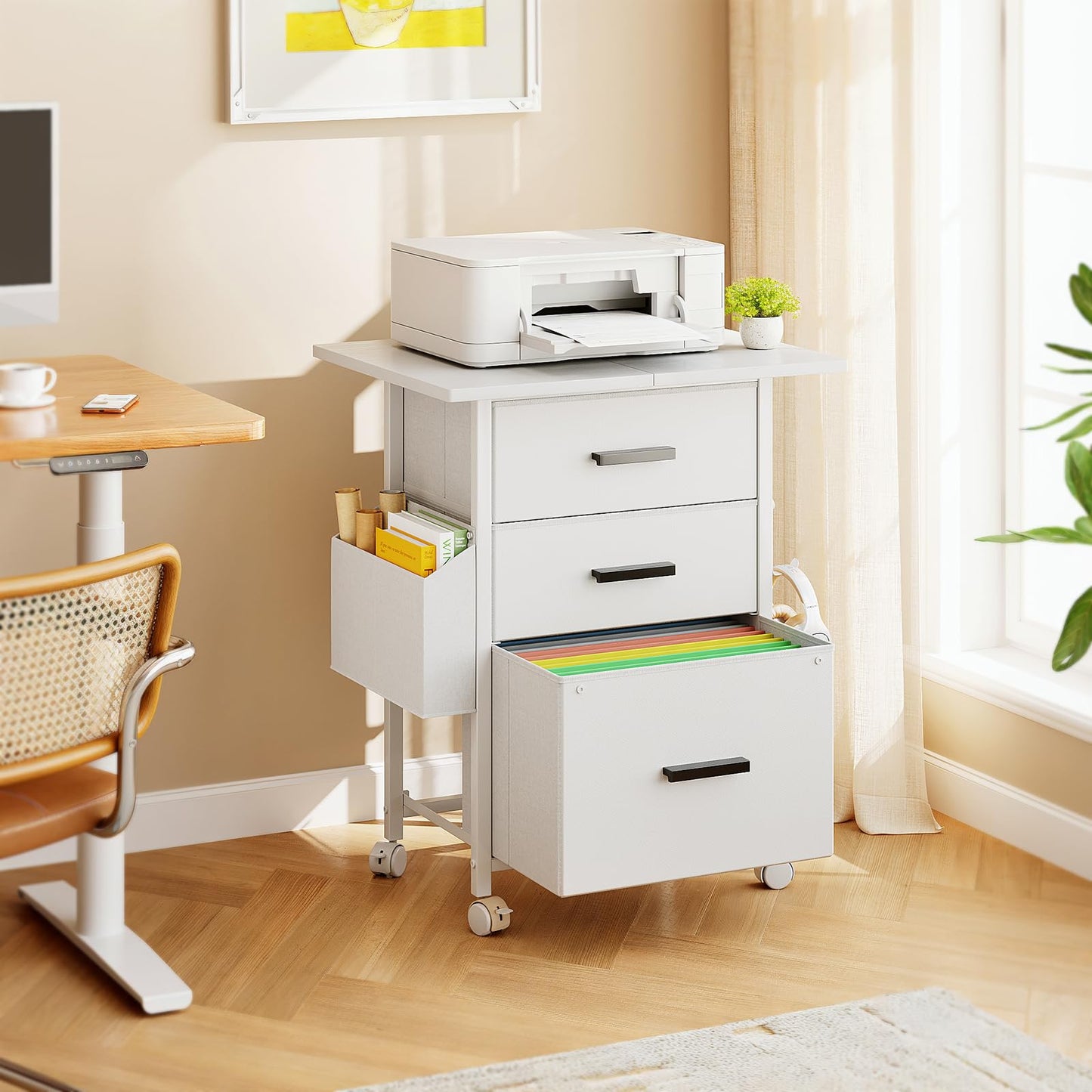 Mexin 3 Drawer File Cabinet with 22'' Extended Desktop, Mobile Filing Cabinet, Printer Stand, Rolling Printer Stand with Side Bag, Fabric Drawer, Fits A4 Size, Home Office, White