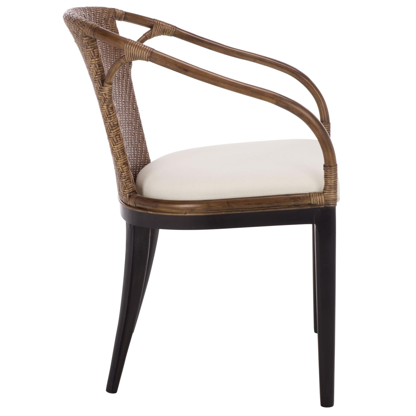 SAFAVIEH Home Collection – Kumi Brown Rattan Arm Chair with Ivory Seat Cushion, Coastal Modern Accent Seating, Fully Assembled (ACH4902A)