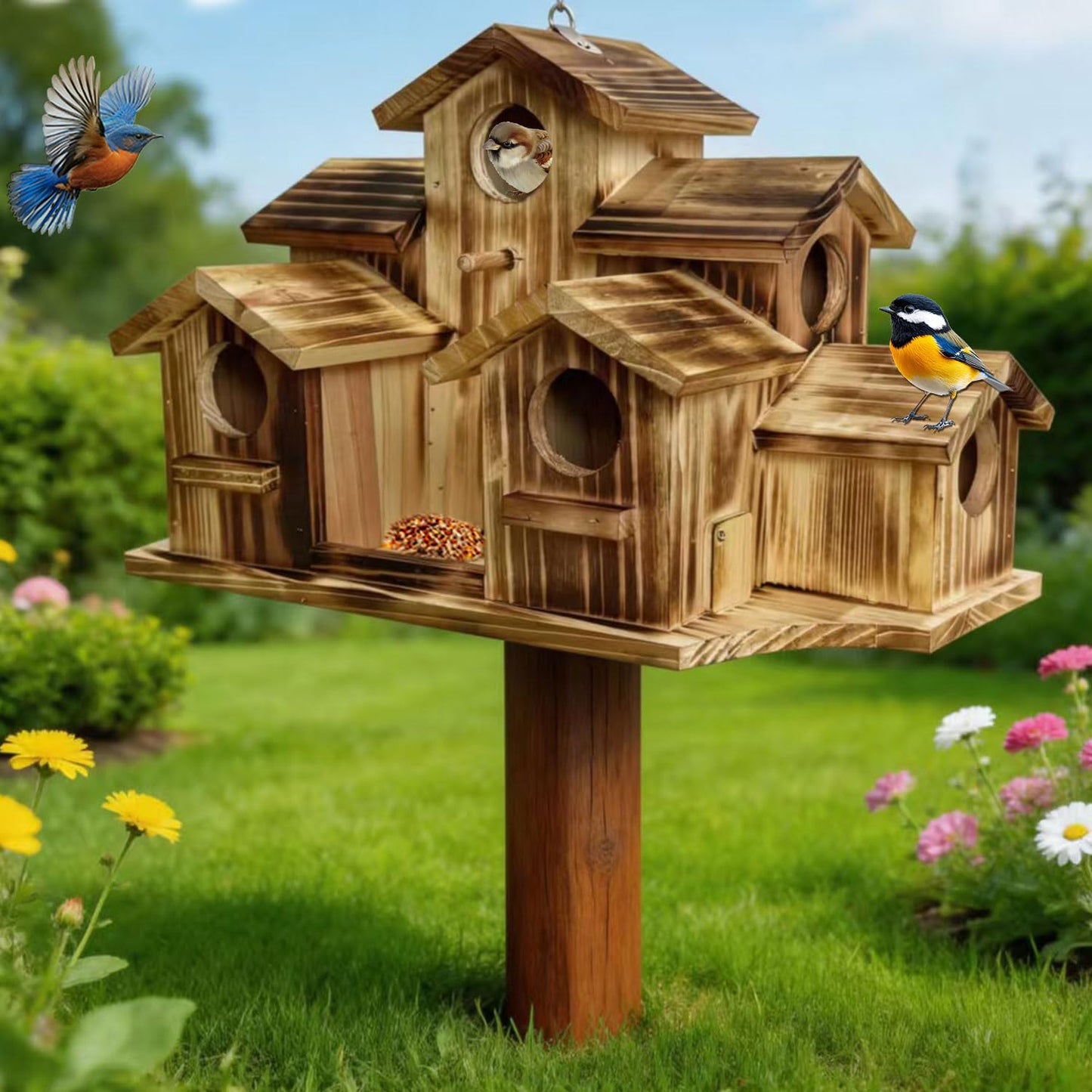 Wooden Bird House for Outside, 7-Compartment Large Birdhouse Castle with Perches, Weatherproof Burnt Wood Hanging Bird Nest for Garden Patio, Decorative Bird Shelter for Bluebird, Finch, Sparrow