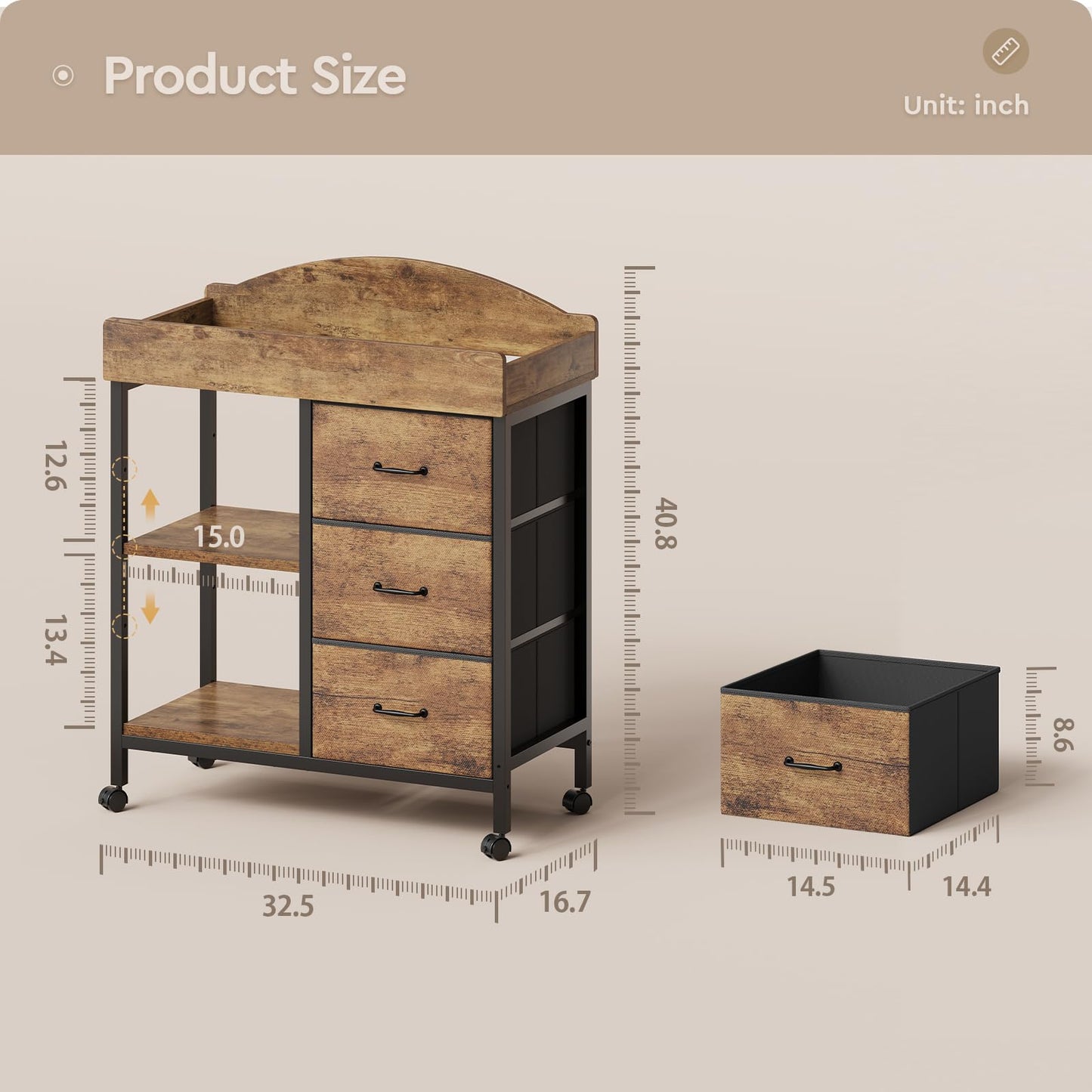 YeTom Changing Table Dresser, Baby Dresser with 3 Fabric Drawers and 2 Shelves, Multi-Functional Baby Changing Table with Pad, Classic Nursery Dresser, Diaper Changing Station, Rustic Brown