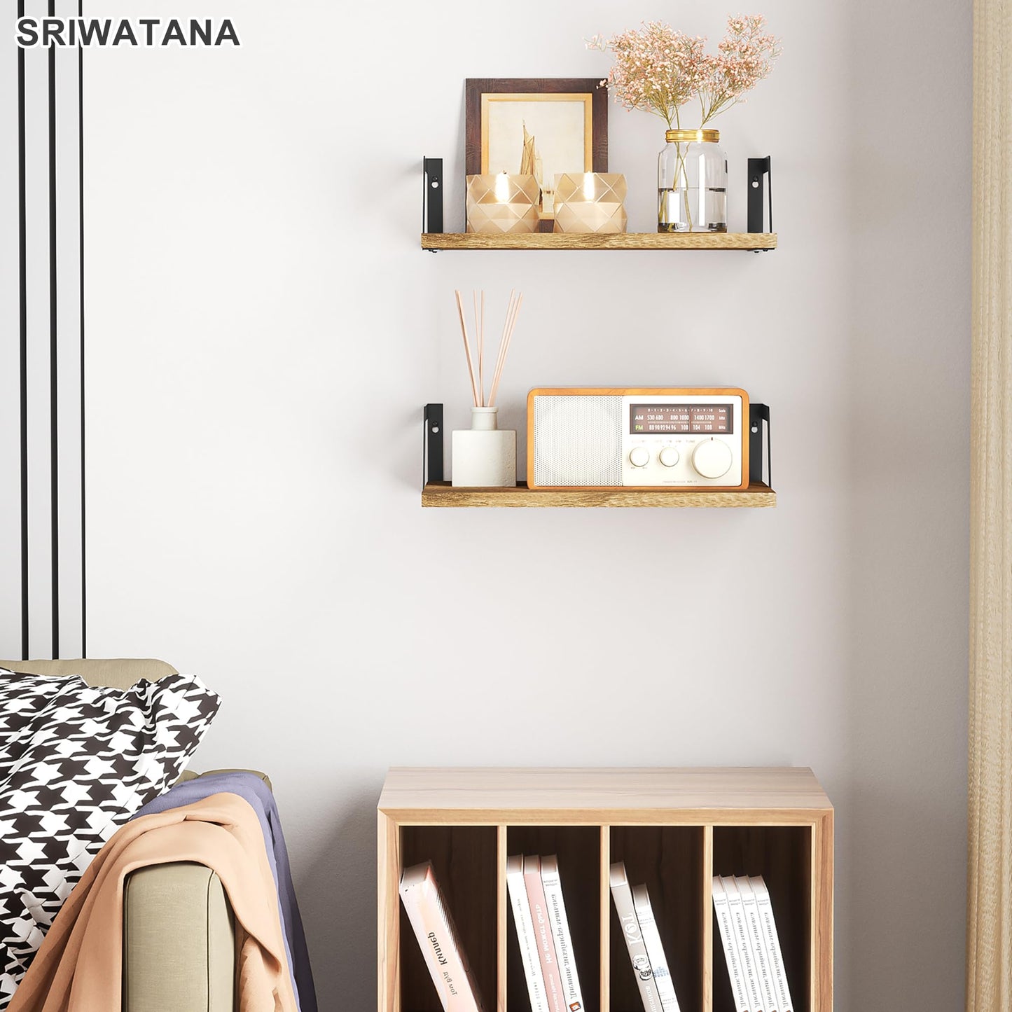 SRIWATANA Floating Shelves Wall Mounted Set of 2 Rustic Wood Shelves with Large Capacity(Carbonized Black)