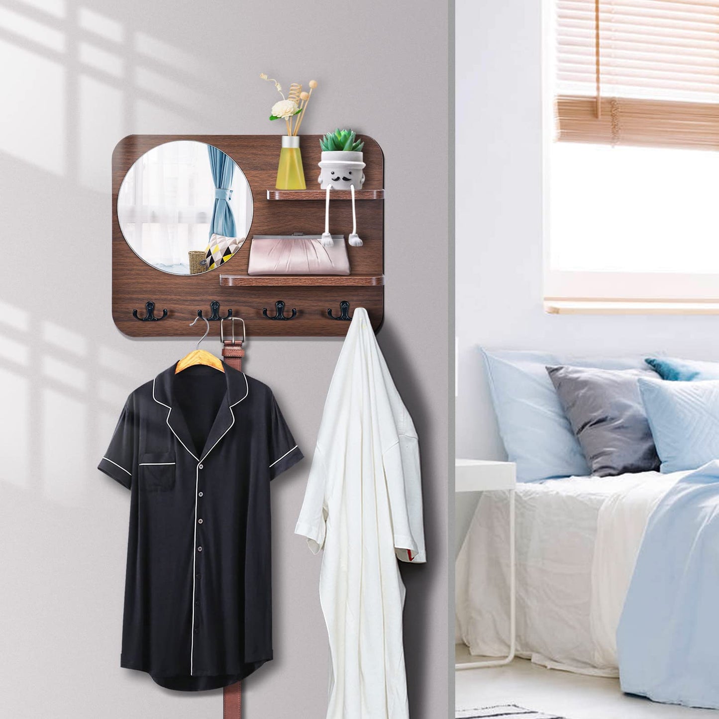 YeadCedle Coat Rack with Shelf Rustic Wooden Wall Mounted Hanging Coat Rack with Mirror Shelves and 4 Double Hooks Decorative Entryway Hook Shelf for Hallway Living Room Bedroom 16"x12" (Brown S)