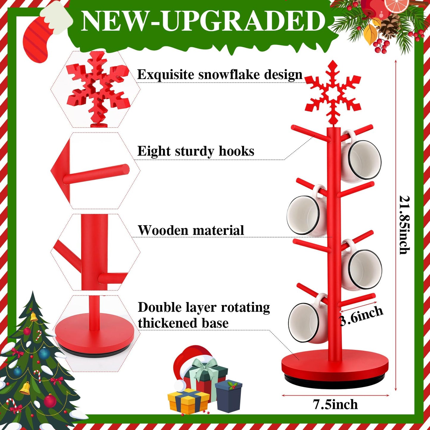 DoubleFill Christmas Tree Coffee Mug Holder 8 Hooks Snowflake Mug Holder for Countertop Snowflake Cup Rack Wood Christmas Tree Display for Kitchen Coffee Accessories