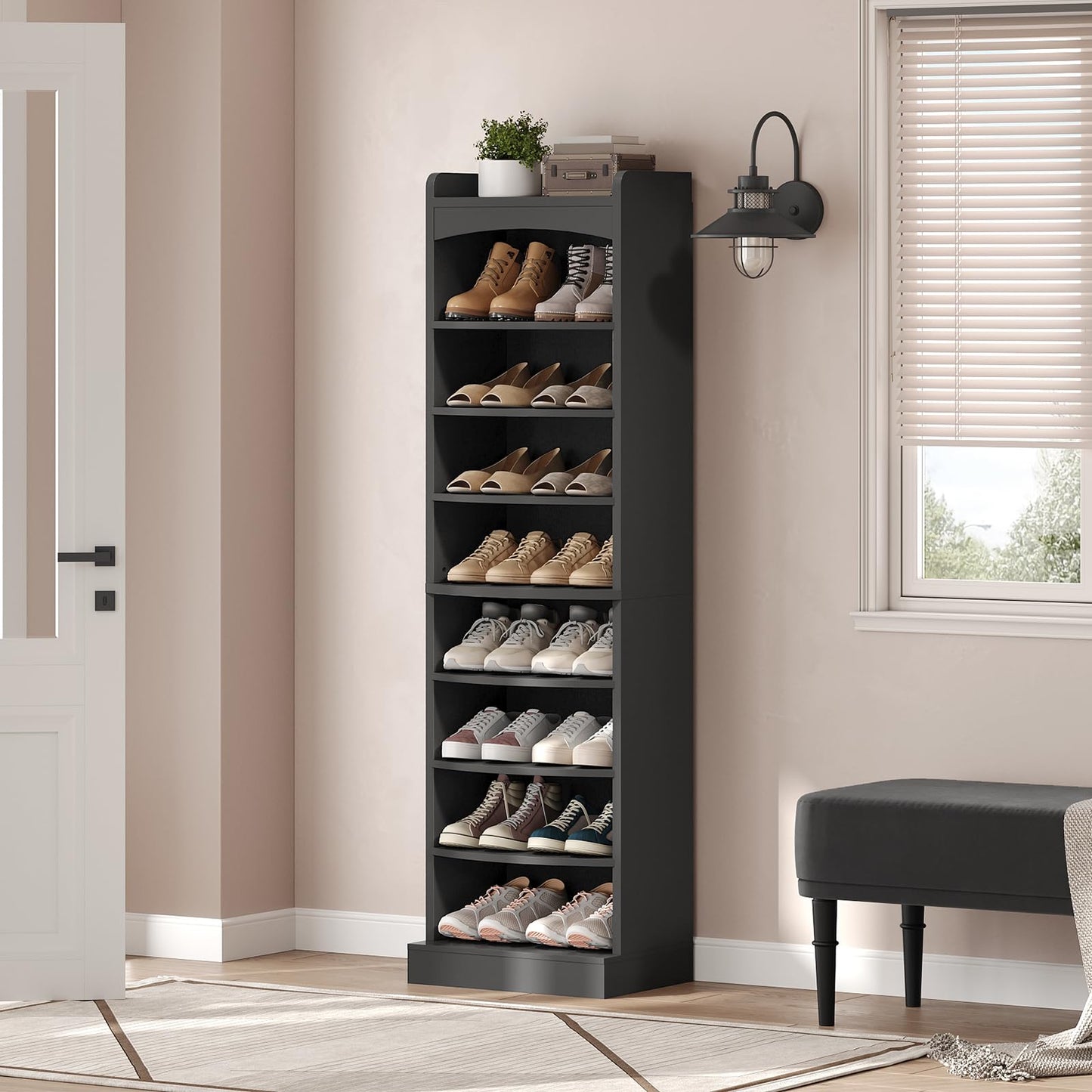 YATINEY Shoe Bench and 9-Tier Tall Shoe Rack, Wooden Shoe Storage Organizer, Narrow Shoe Cabinet with Removable Shelves for Small Spaces HX02BB-SS22BK