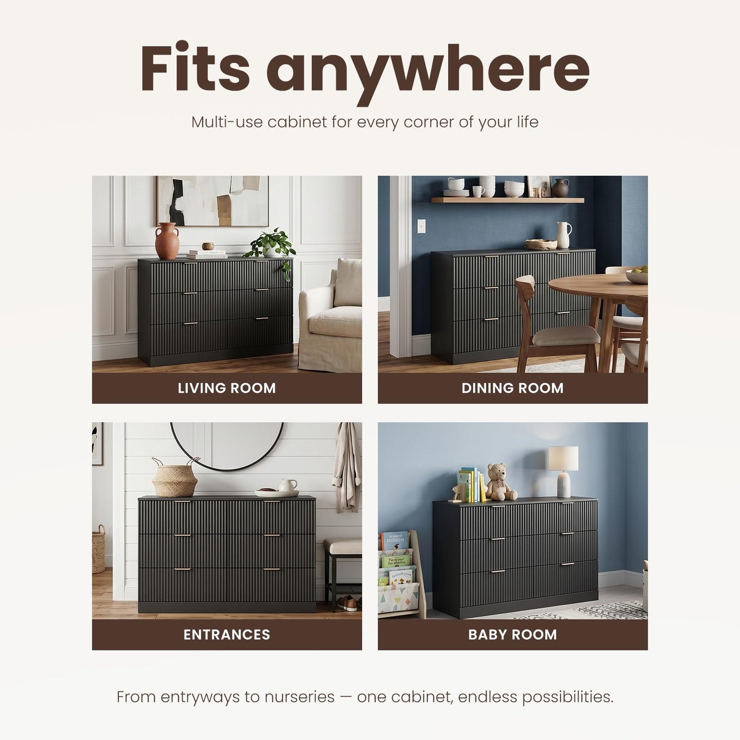 MALOL 6 Drawer Fluted Dresser for Bedroom, Modern Wooden Chest of Drawers, Wide Storage Cabinet with Smooth Silent Slides, Anti-Tip, 47" Storage Organizer for Bedroom Living Room, Black