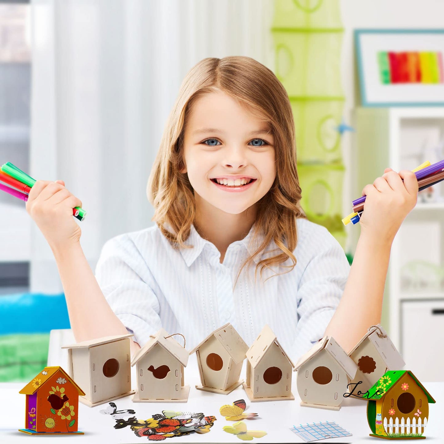 Sawysine 107 Pcs DIY Birdhouse Kits for Kids Ages 5-8 8-12, 48 Wooden Bird House Kits in 6 Shapes and 57 Butterfly Sticker for Children Summer Craft Art Activity, DIY Project(107,Multiple Entrance)