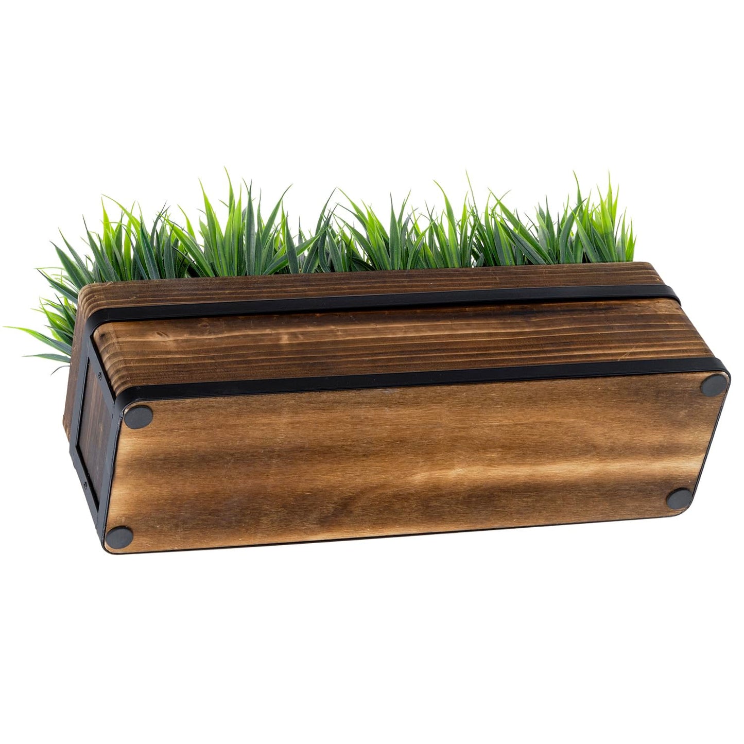 MyGift 14 Inch Artificial Green Grass Plant in Rustic Burnt Wood Planter Box with Industrial Black Metal Accents, Realistic Greenery Tabletop Centerpiece