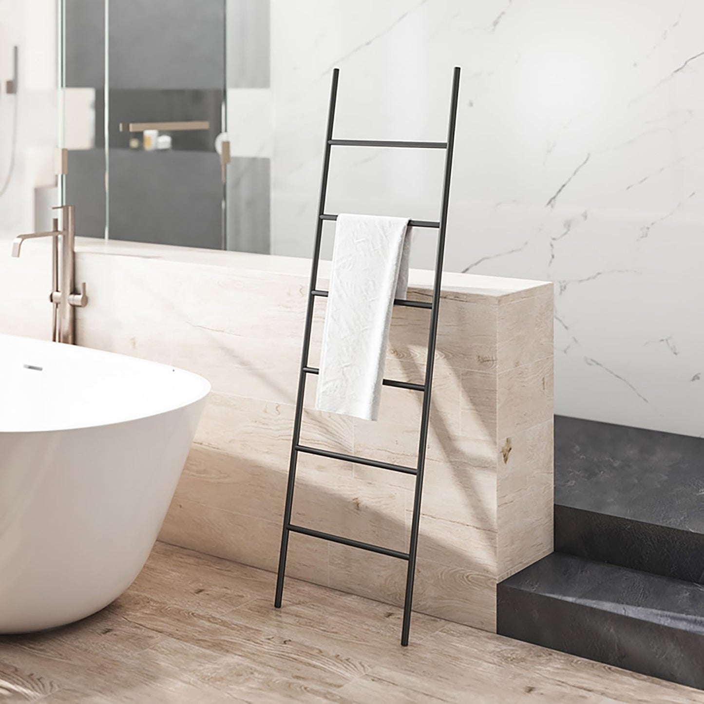 Metal Towel Ladder, Free Standing Wooden Towel Rack for Bathroom, Wall Leaning Blanket Holder, Multi-Tier Bath Towel Stand