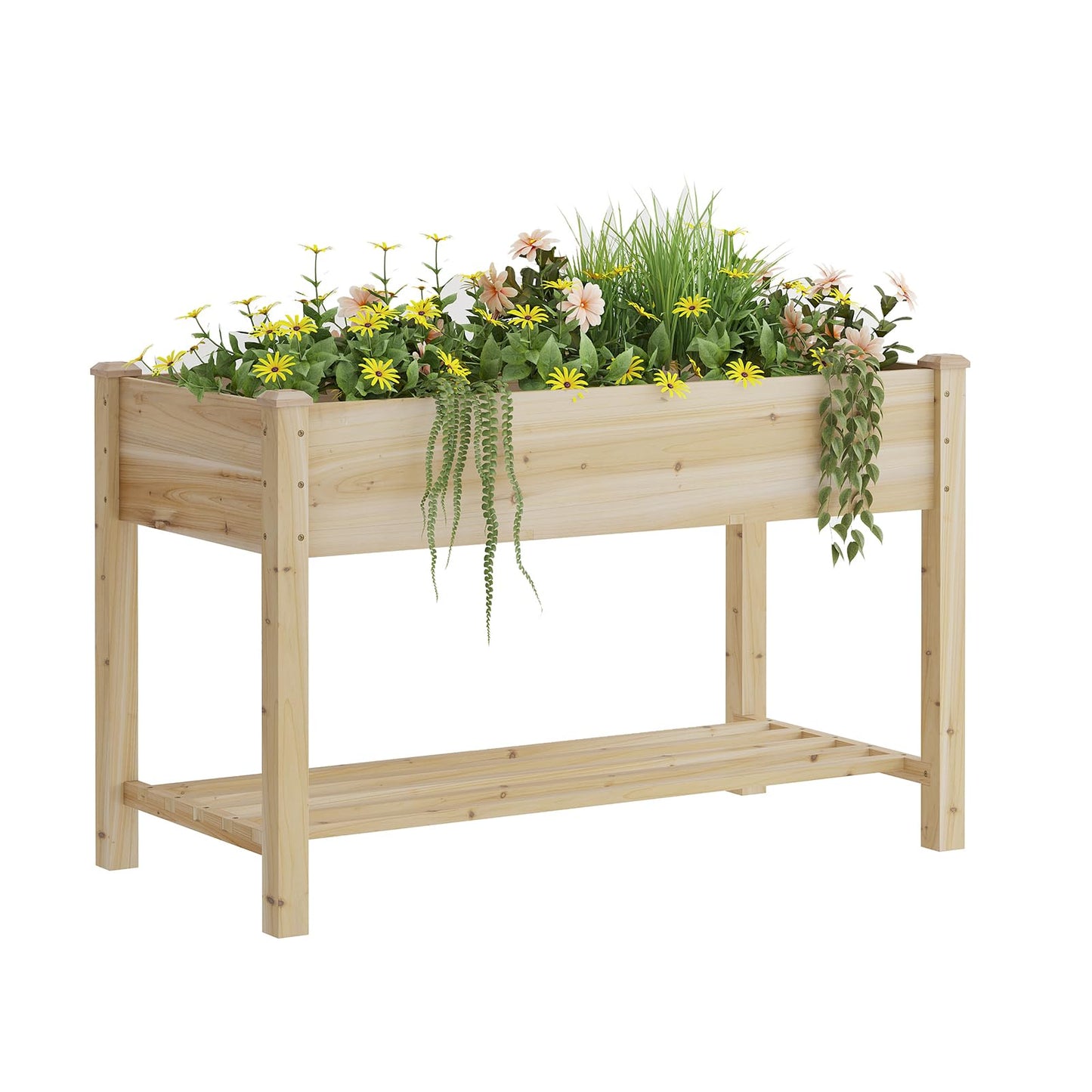 48x24x30.7in Wood Raised Garden Bed with Legs Wooden Planter Box with Storage Shelf Elevated Wood Planter Box for Vegetables Flowers Herbs Garden Planter for Backyard Patio Balcony (Natural, Medium)