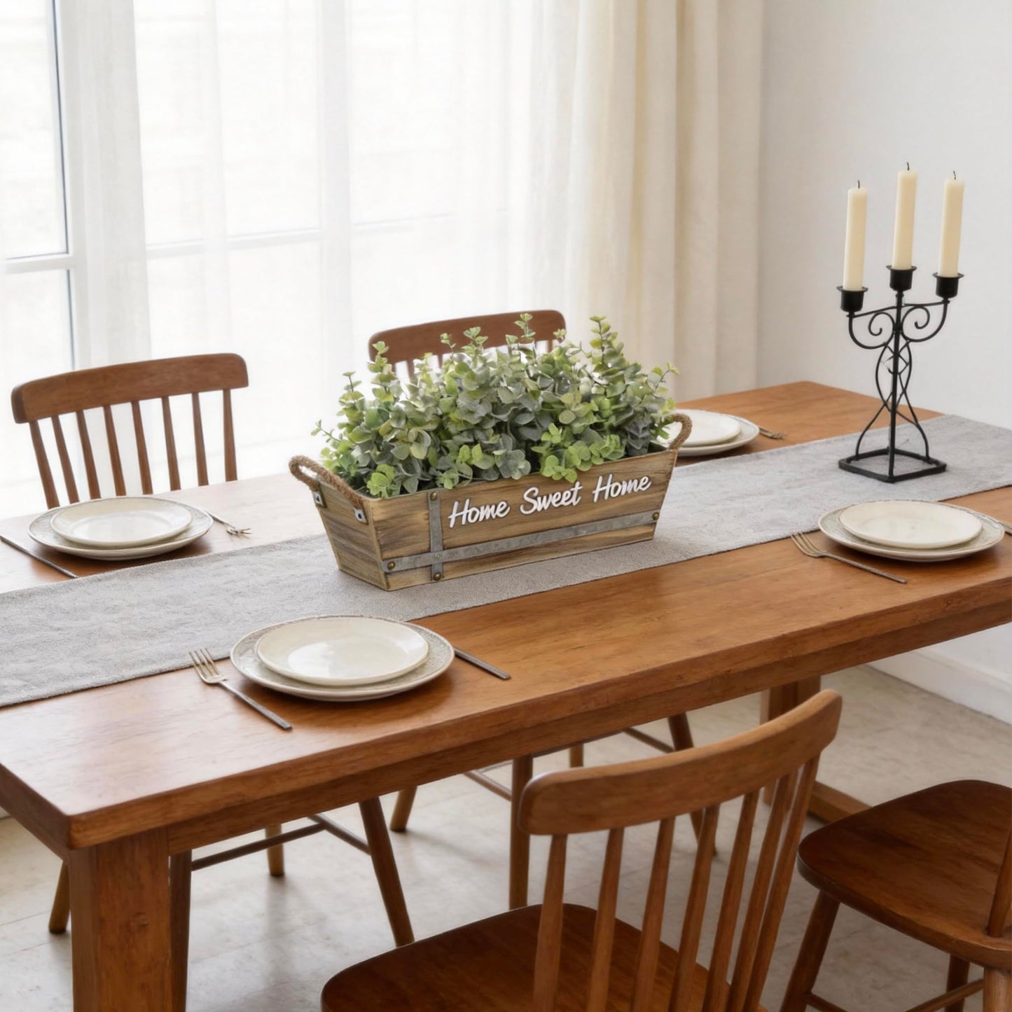 hopeme Artificial Eucalyptus Table Centerpiece in Wooden Box, Faux Greenery Arrangement with “Home Sweet Home” Sign, Jute Rope Handles, Farmhouse Rustic Home Décor