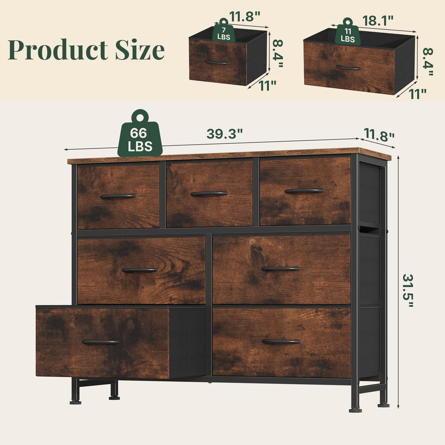 HAPPYMONT Fabric Dresser for Bedroom with 7 Drawers, Chest of Drawers, Wood Top and Metal Frame Organizer for Clothes, Closet, Entryway, Hallway, Living Room Furniture