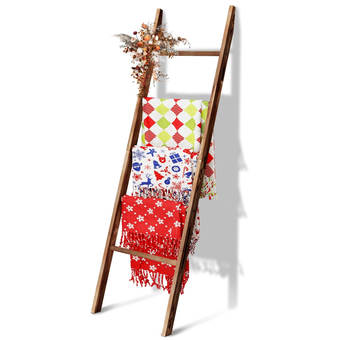 5-Tier Blanket Ladder Wooden, 5.3FT(63'') Blanket Quilt Holder Rack Decorative Ladders, Easy Assembly, Rustic Farmhouse Ladder Shelf for The Living Room Bedroom Bathroom Home Decor, Brown