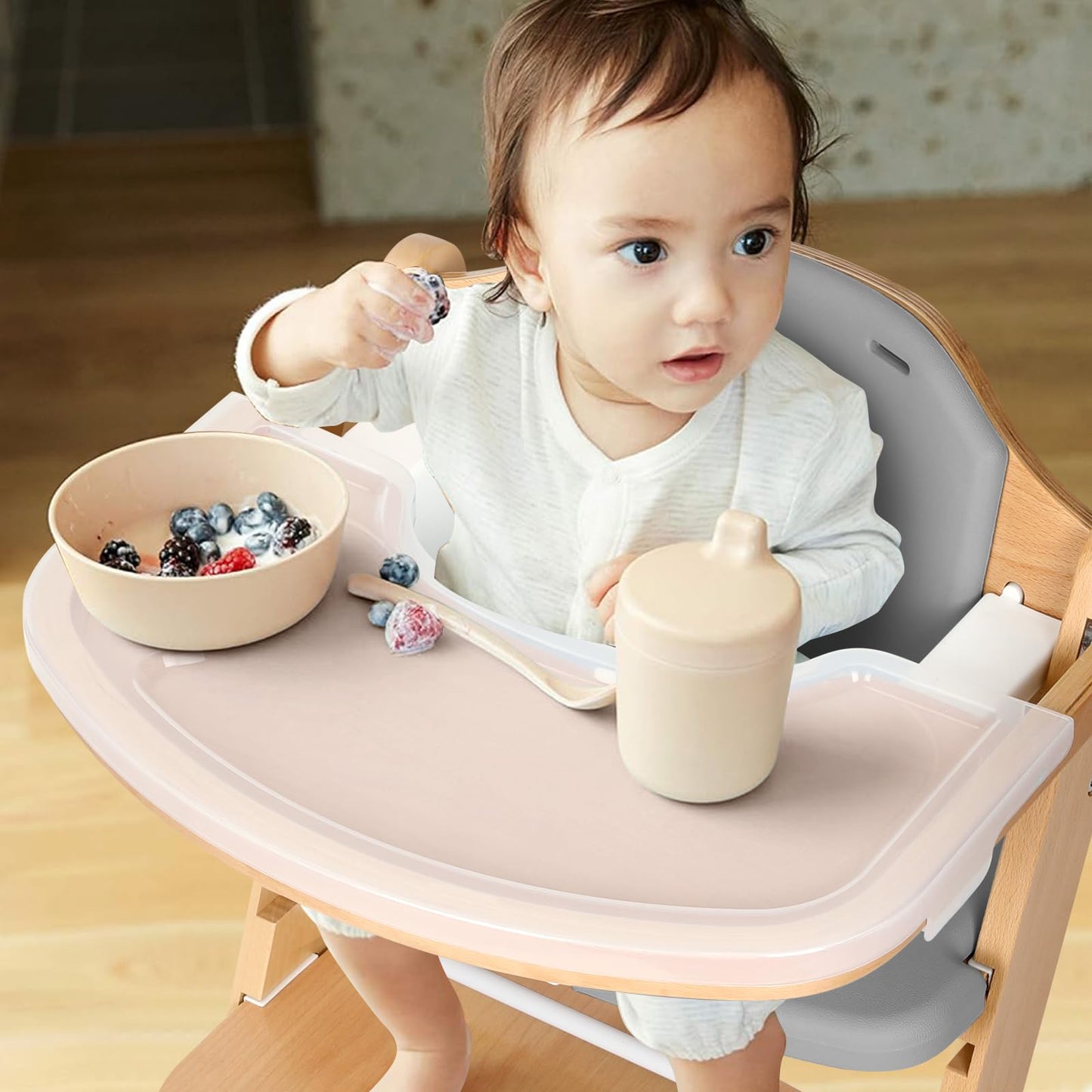 Cowiewie 3-in-1 Convertible Natural Wooden High Chair for Babies & Toddlers 3-Tier Remove & 2 Adjustable Wood Tray & 8 Levels Adjustable, 2 Waterproof Cozy Cushions Grey