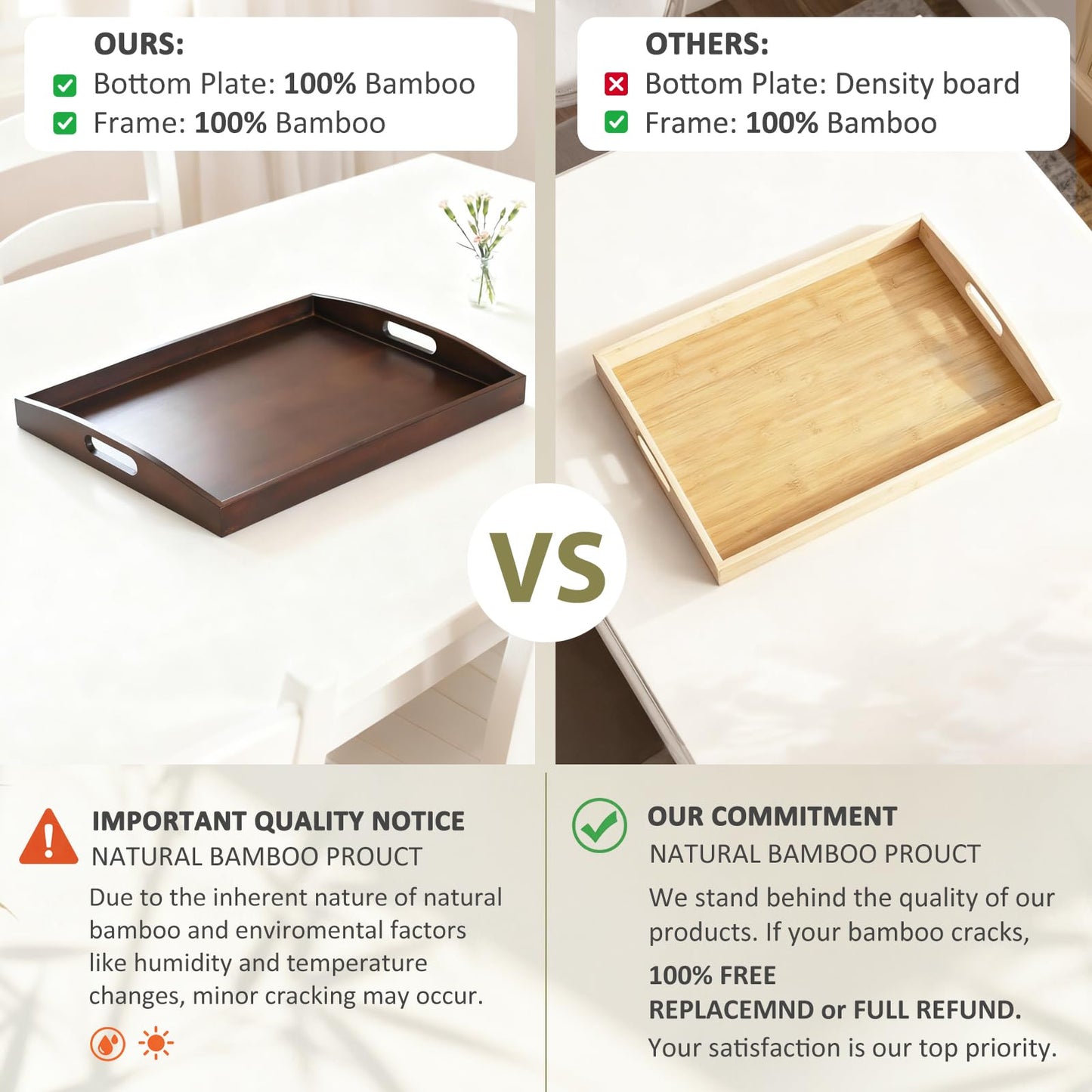 Bamboo Serving Trays with Handles, Set of 2 for Food & Coffee, Dark Brown