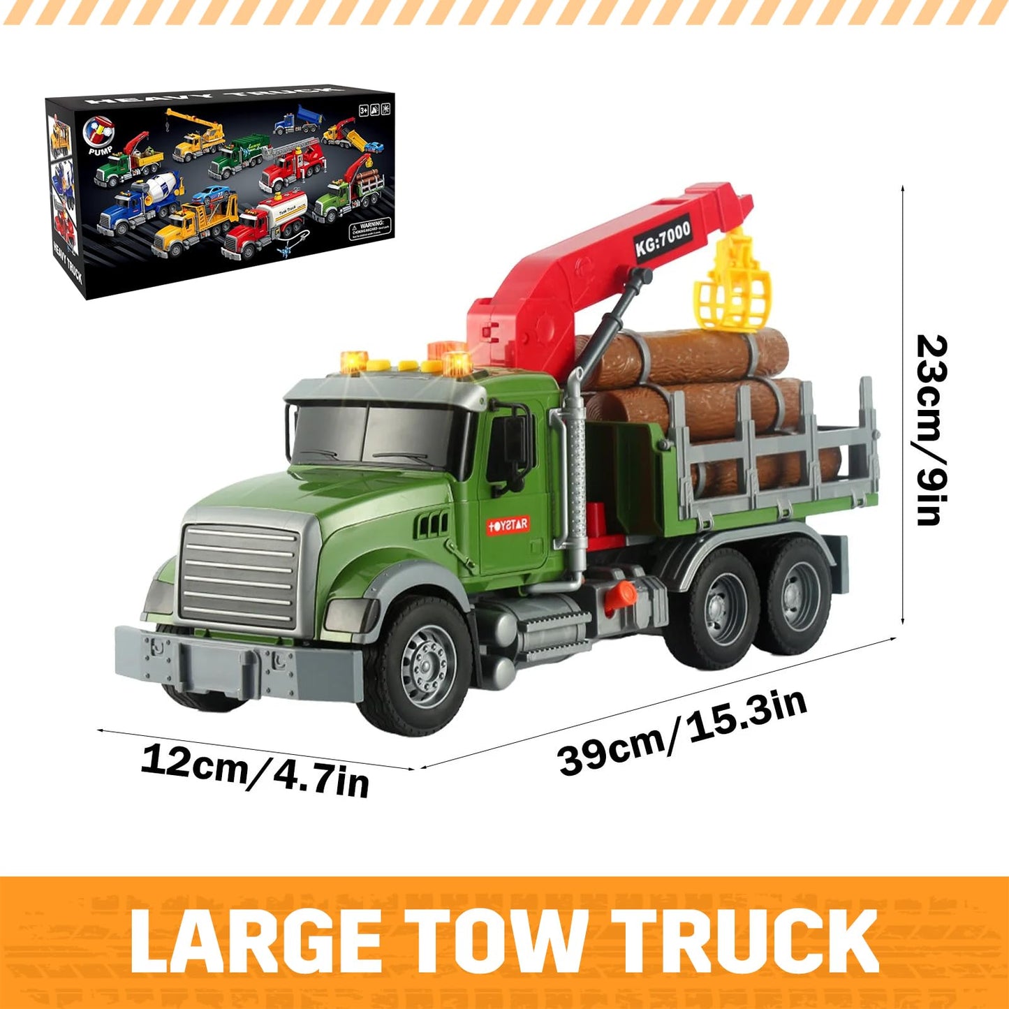 MAJCL 15" Large Timber Truck with Loading Crane and 6 Wooden Trunks, Realistic Logging Truck Toy for Kids Ages 3-5, Toy for Boys, Birthday Gift for Toddlers