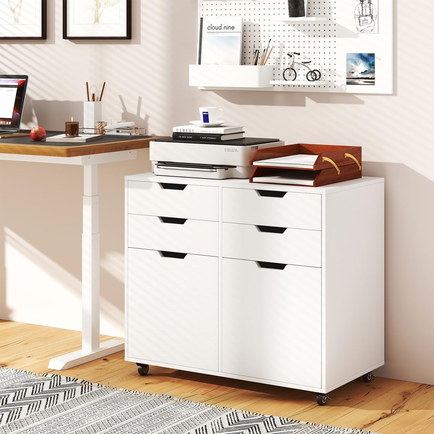 Giantex 4-Drawer File Cabinet, Rolling Printer Stand with 2 Lockable Wheels, Wooden Lateral Filing Cabinet, Load 298 Lbs, Under Desk Craft Storage Organizer for Home Office Organization (White)